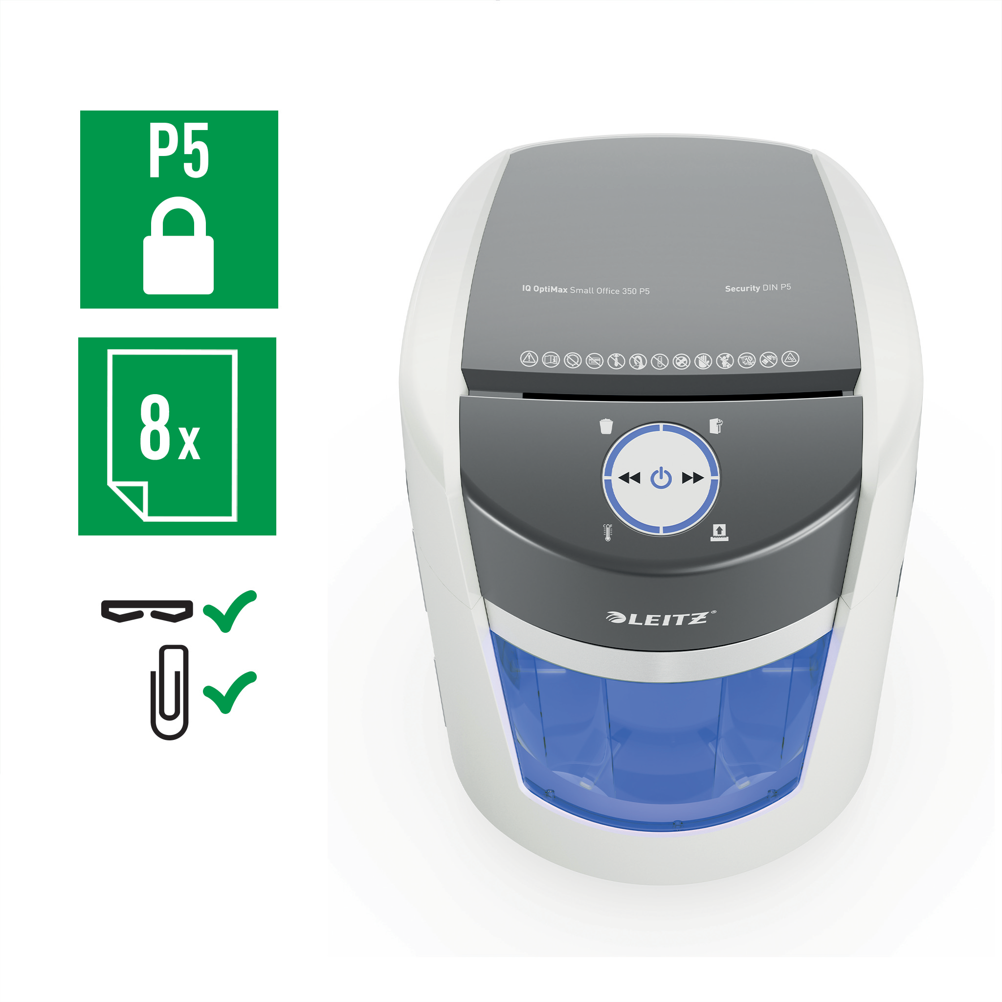 LEITZ IQ OptiMax Small Office 350 Aktenvernichter mit Partikelschnitt P-5, 2 x15 mm, bis 8 Blatt, weiß