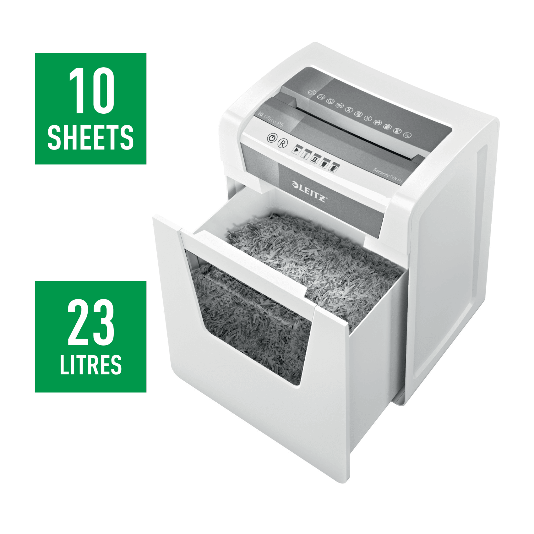 LEITZ IQ Office Aktenvernichter mit Partikelschnitt P-5, 2 x 15 mm, bis 10 Blatt, weiß