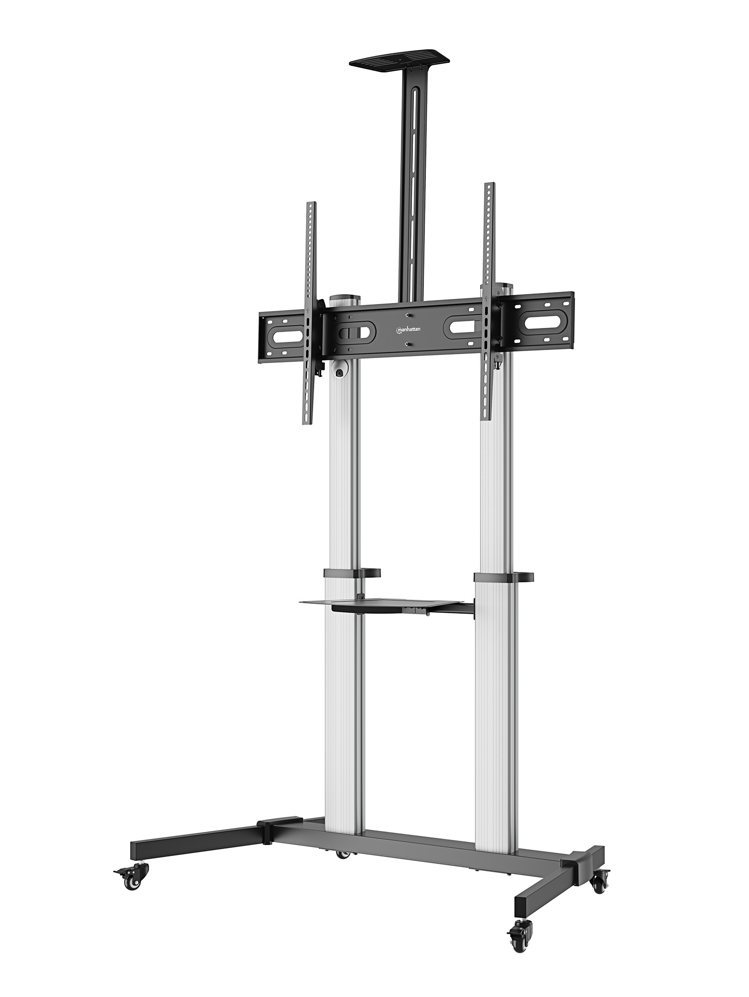 MANHATTAN Aluminium Multimedia TV-Ständer auf Rollen höhenverstellbar 152,4-254cm 60-100Zoll bis 80 kg neigbar rotierbar Fachboden