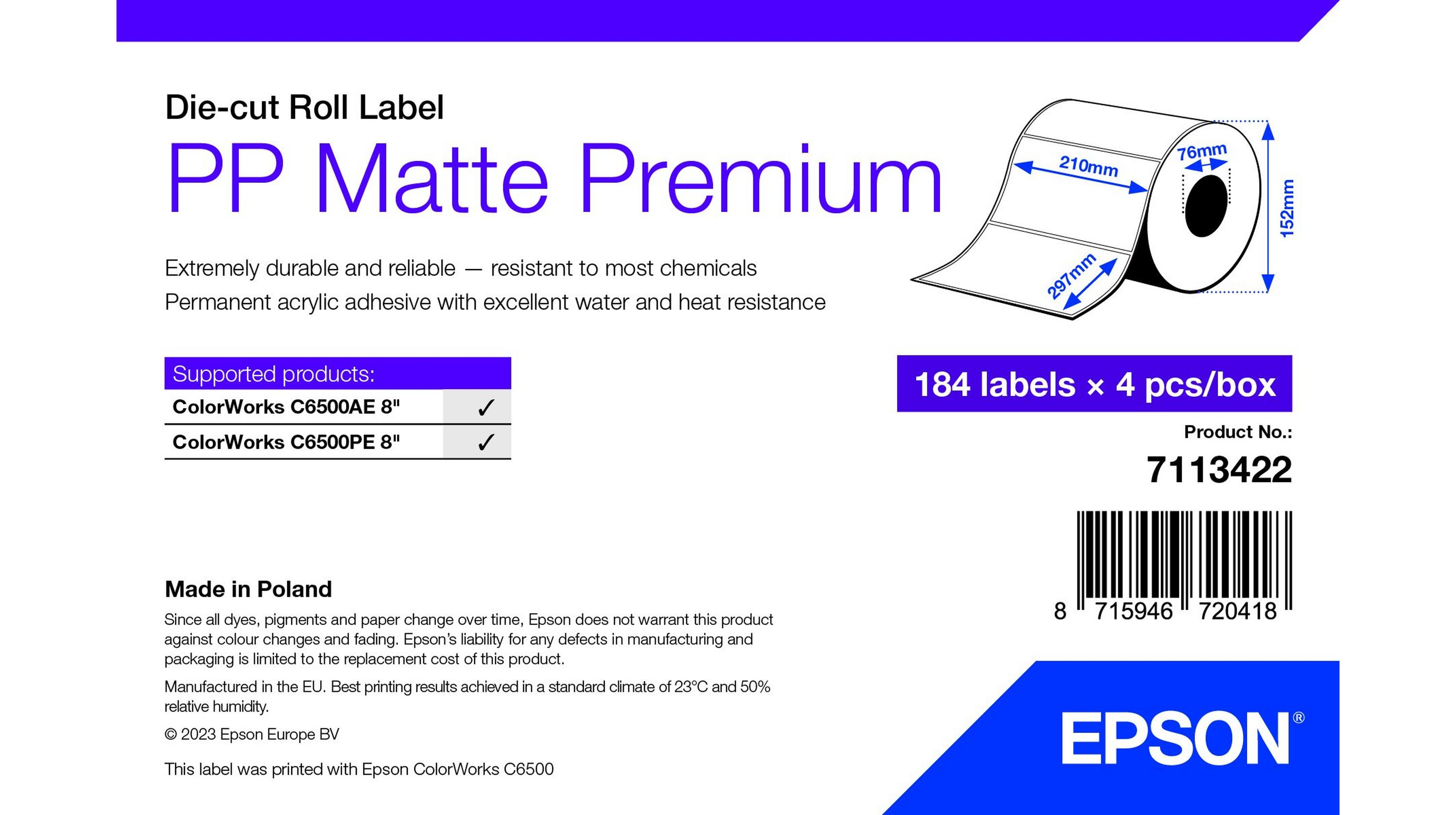PP MATTE LABEL PREM DIE-CUT ROLL 210X297MM 184 LABELS