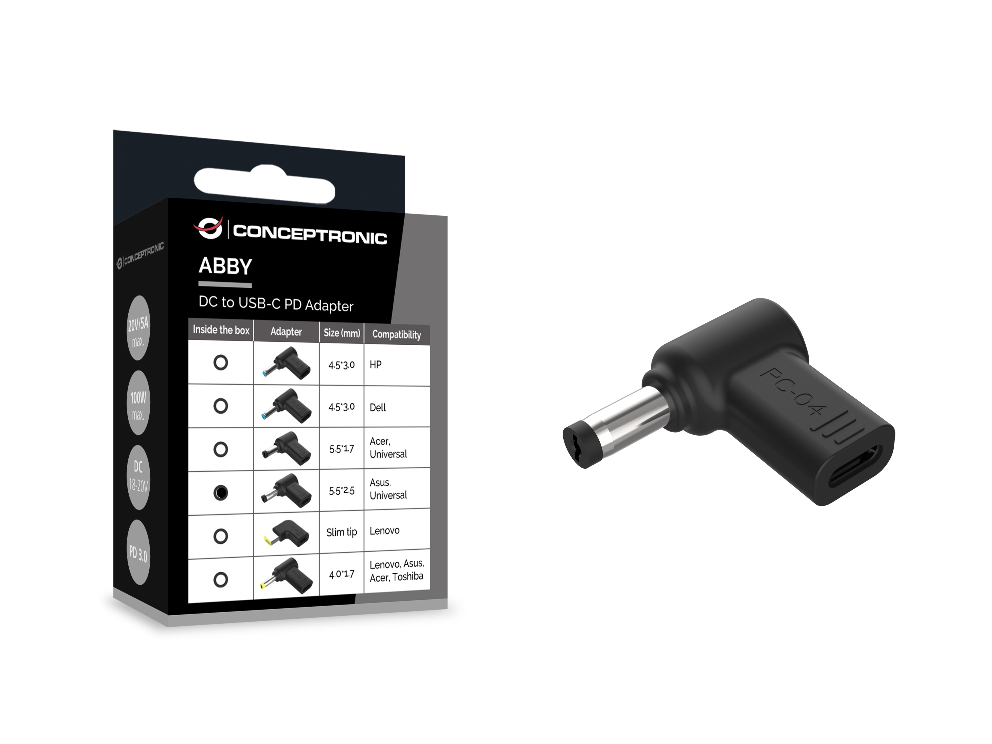 CONCEPTRONIC USB-C PD100W->Asus/Uni.5.5x2.5mm Adap.18-20V sw