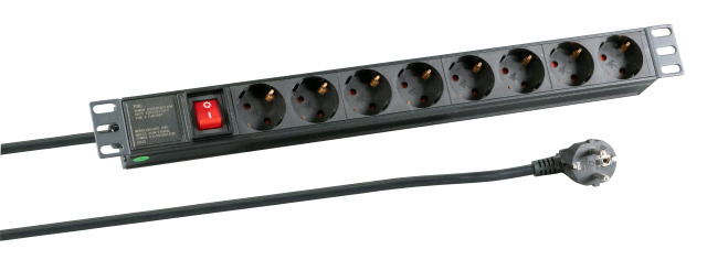 EFB 48,26cm 19Zoll 1HE Steckdosenleiste 8-fach SCHUKO Steckdosen mit Schalter im Aluprofil SCHWARZ