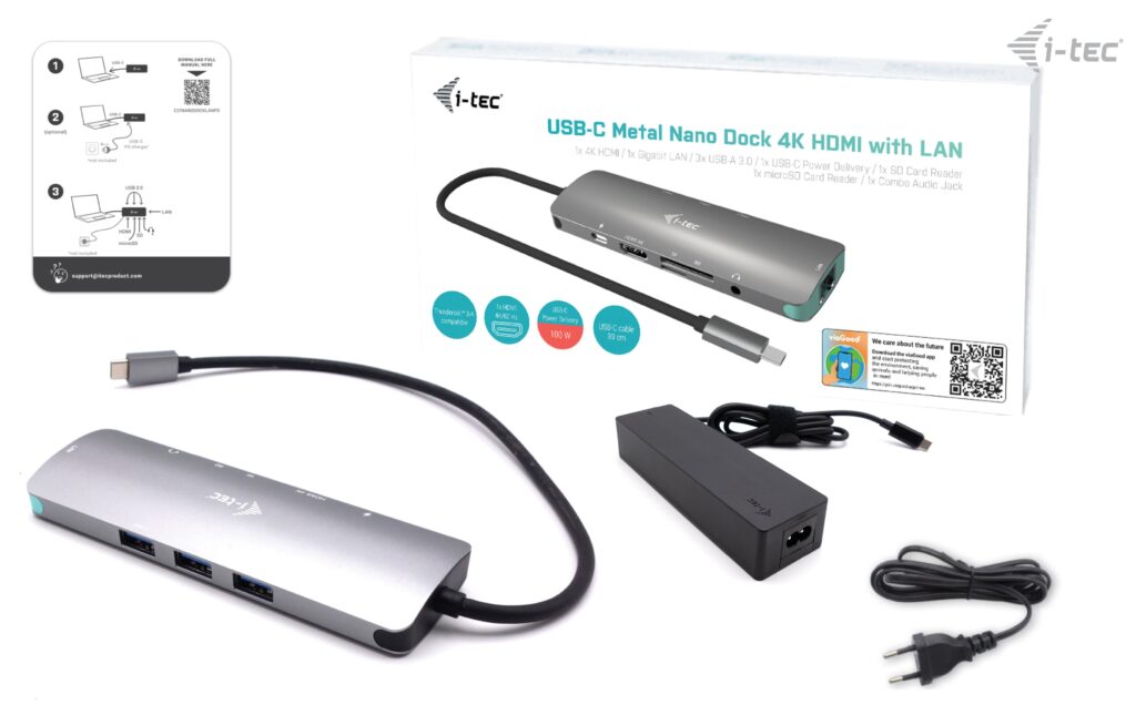 I-TEC USB C Metal Nano Dock 1xHDMI 4K 1xSD + 1xmicroSD Kartenleser 1xGLAN 1xAudio 3x USB 3.0 Port 1x USB-C PD + Netzteil 100W