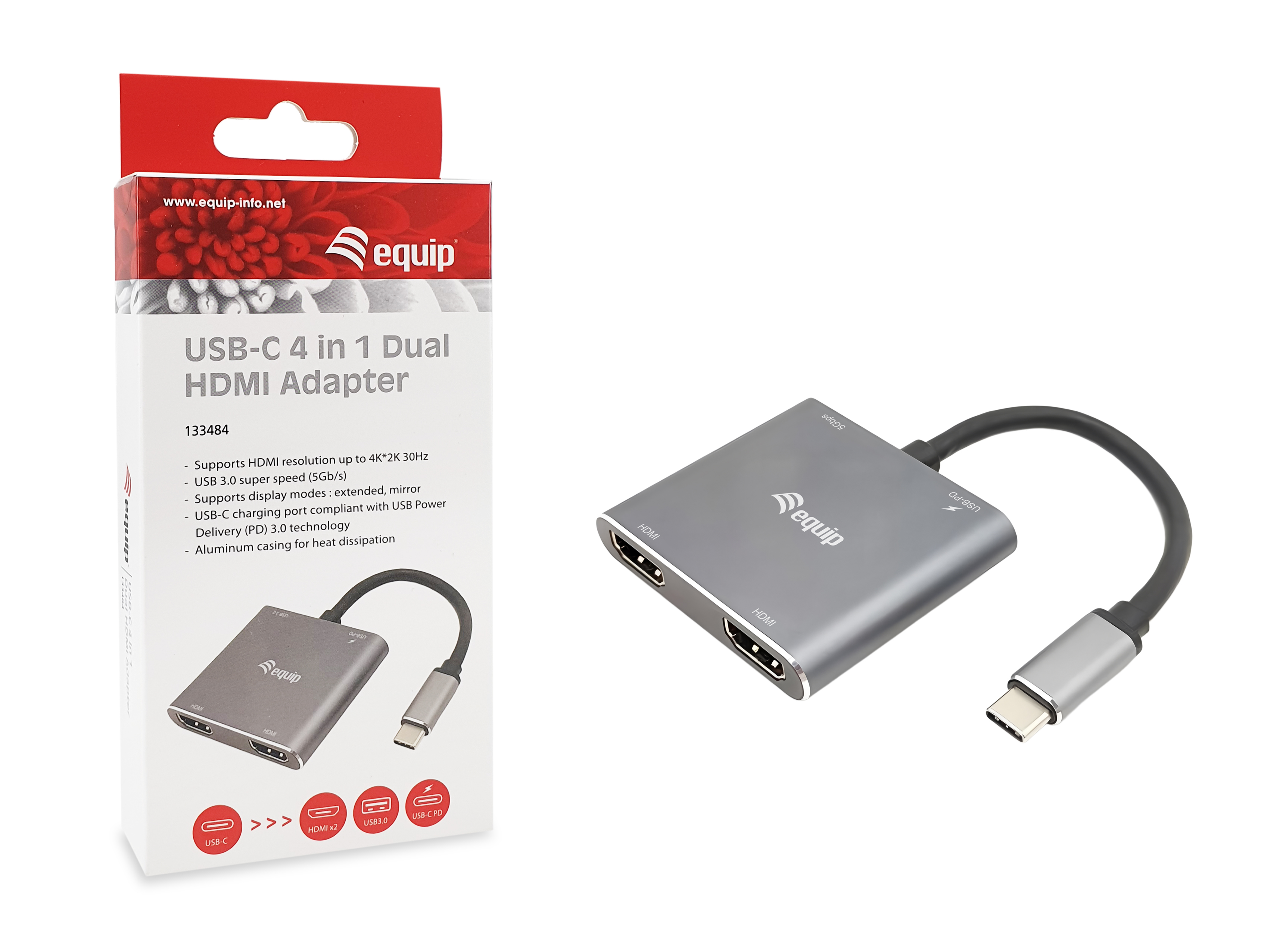 Equip Adapter USB-C->2xHDMI,3.2Gen1 100W PD,USB-C MST Adapte