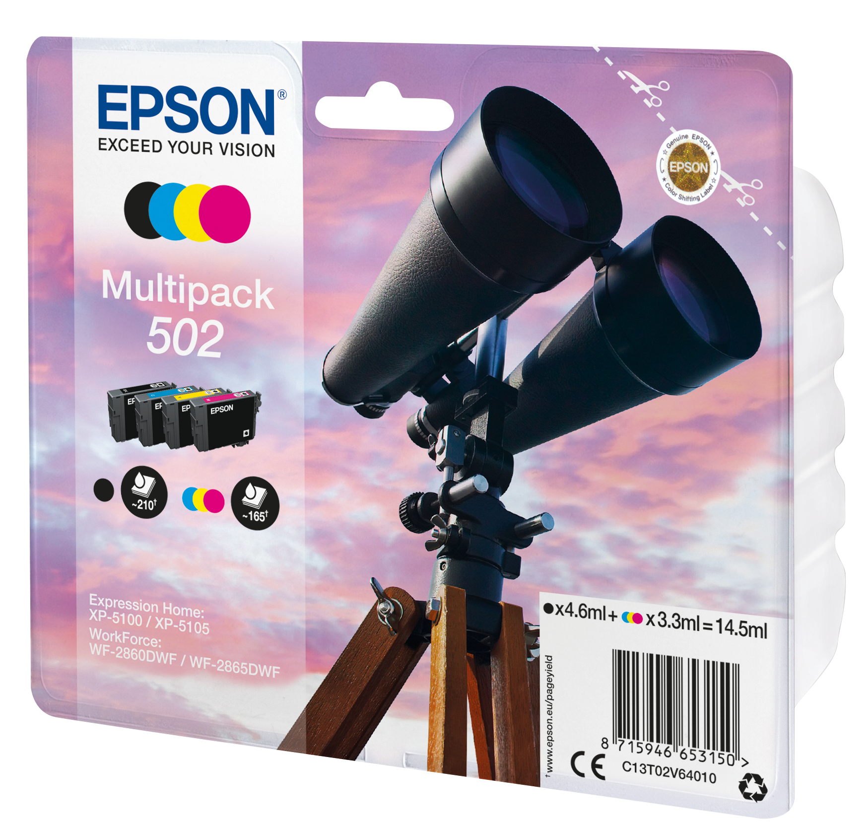 EPSON 502/T02V64 (Fernglas) schwarz, cyan, magenta, gelb Druckerpatronen, 4er-Set