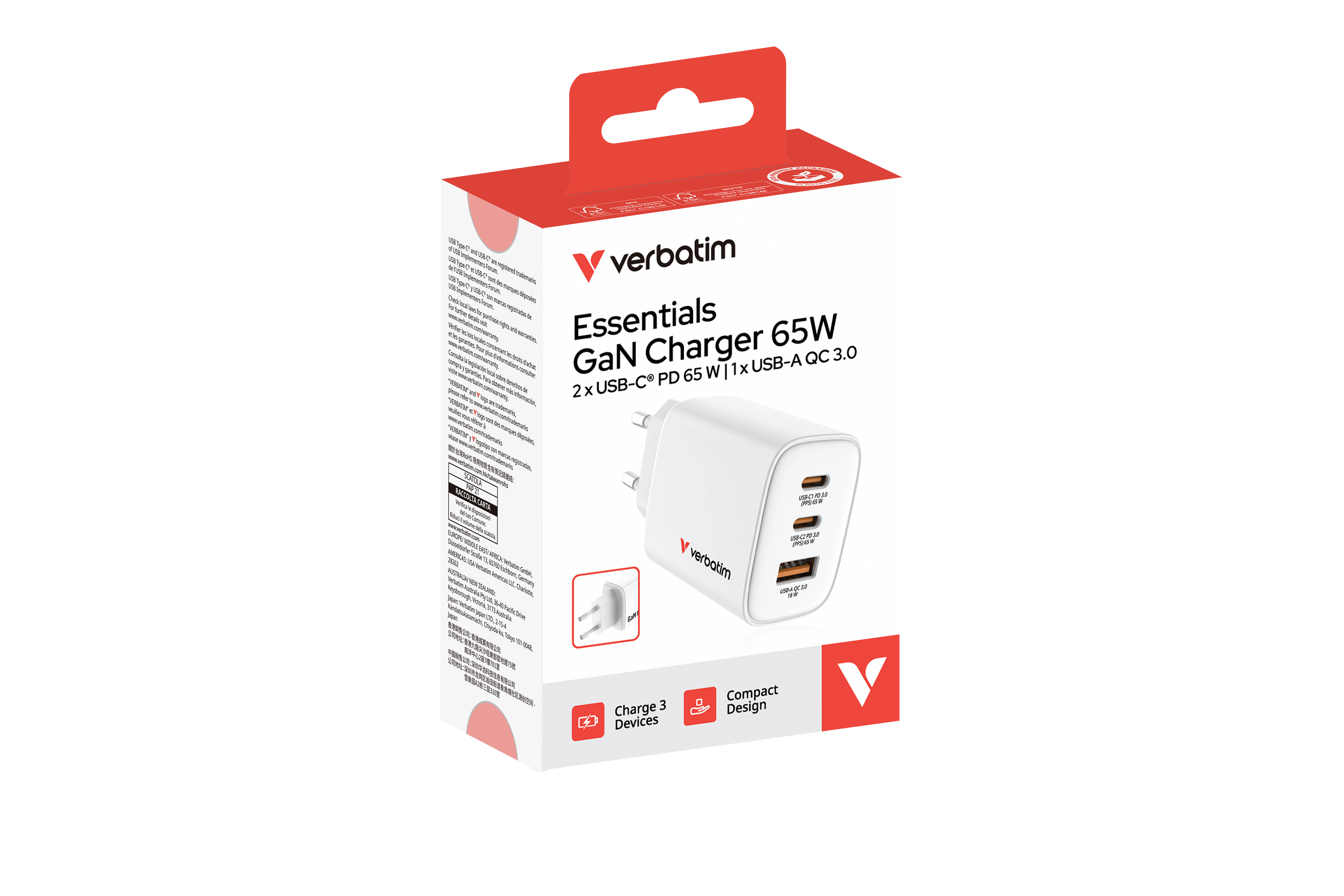 Verbatim GaN III Essentials Charger 3 Port 65W USB-A/C white