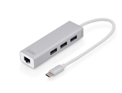 DIGITUS USB Adapter USB3.0/C -> GB Ethernet+3-Port-Hub weiss