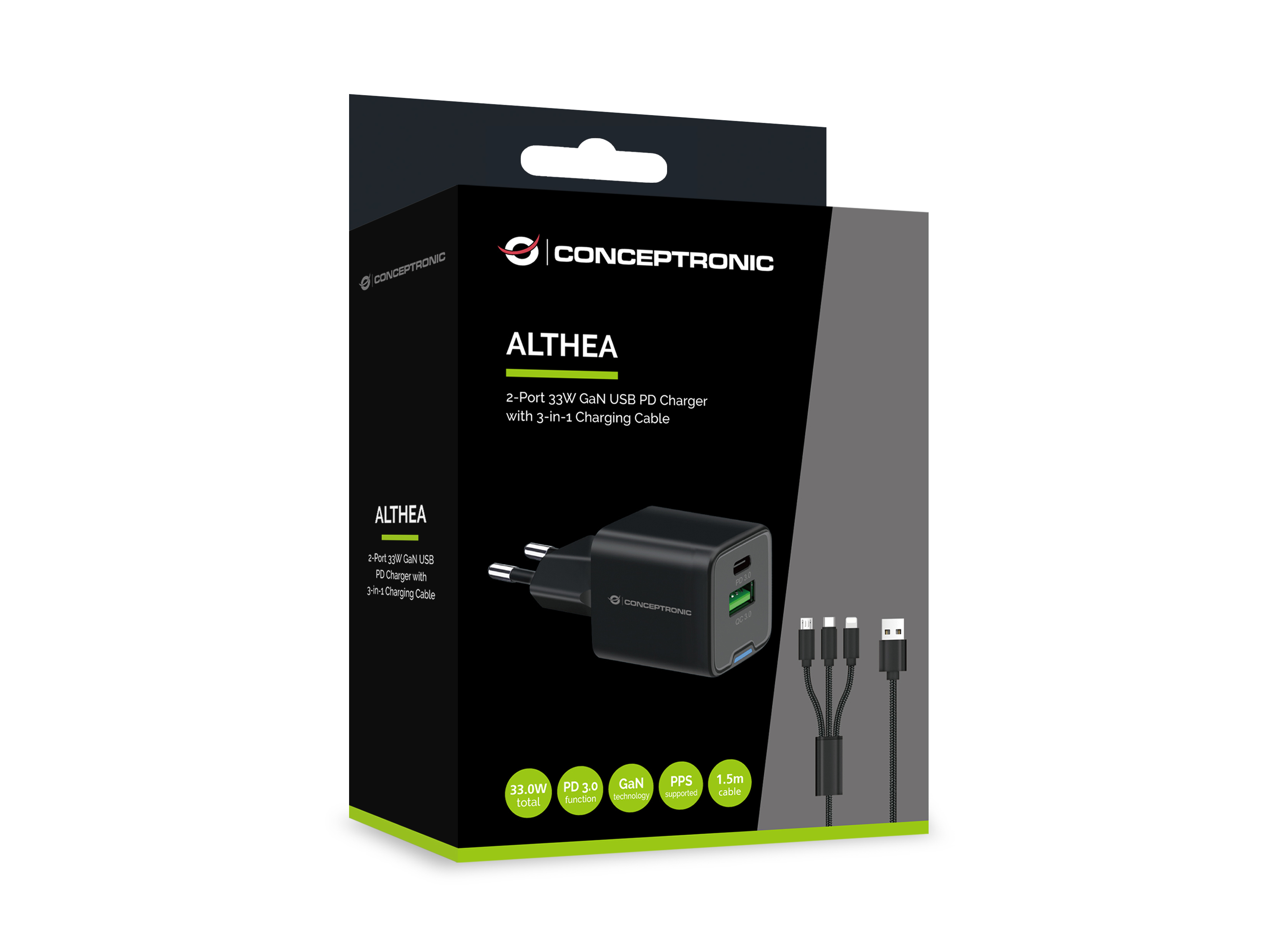 CONCEPTRONIC Ladegerät 2Port GaN 3-in-1 33WPD3.0/PPS sw