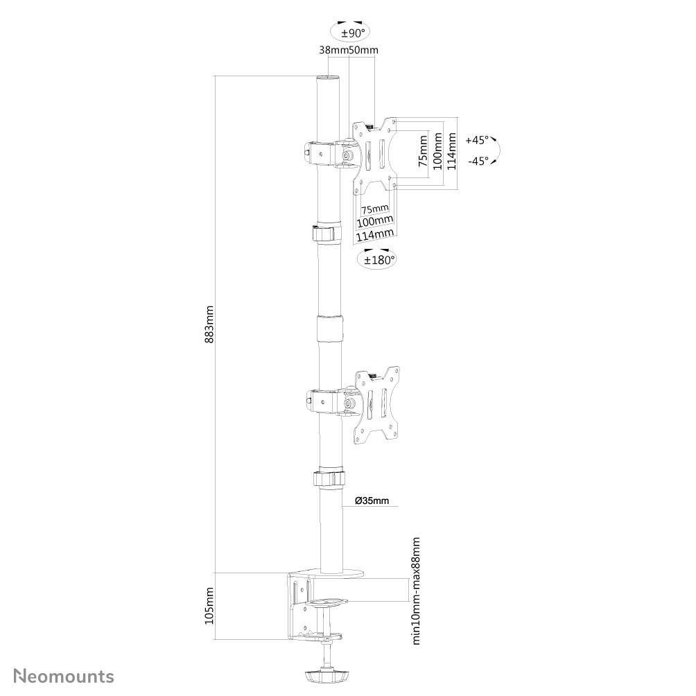 NEOMOUNTS vertikale Dual Deskmount Tischhalterung 25,4-81,28cm 10-32Zoll Klemme/Durchführung Neigbar schwenkbar Pivot sch