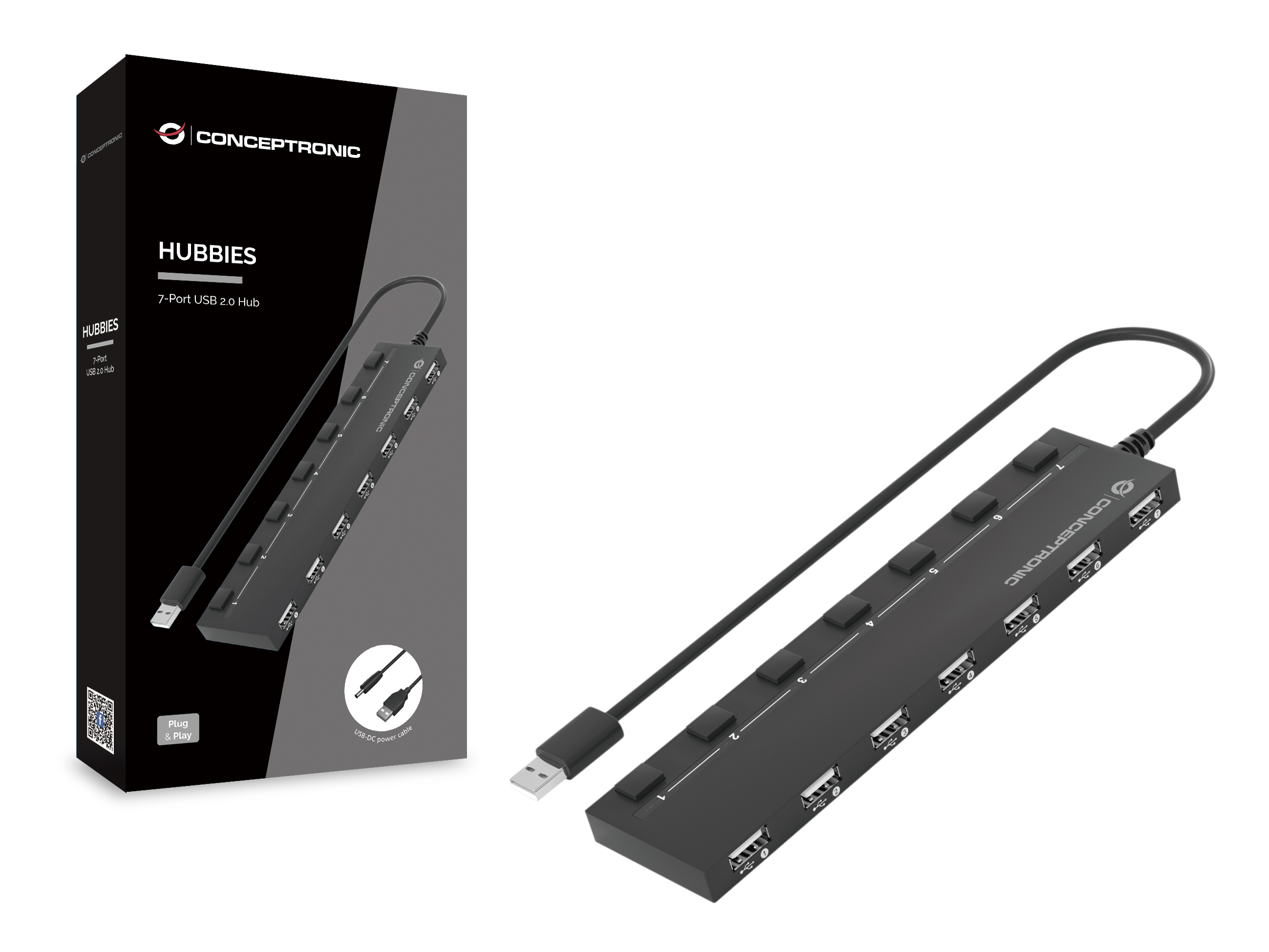 CONCEPTRONIC 7-Port Hub USB-A2.0->7xA2.0/DC o.Netz. sw