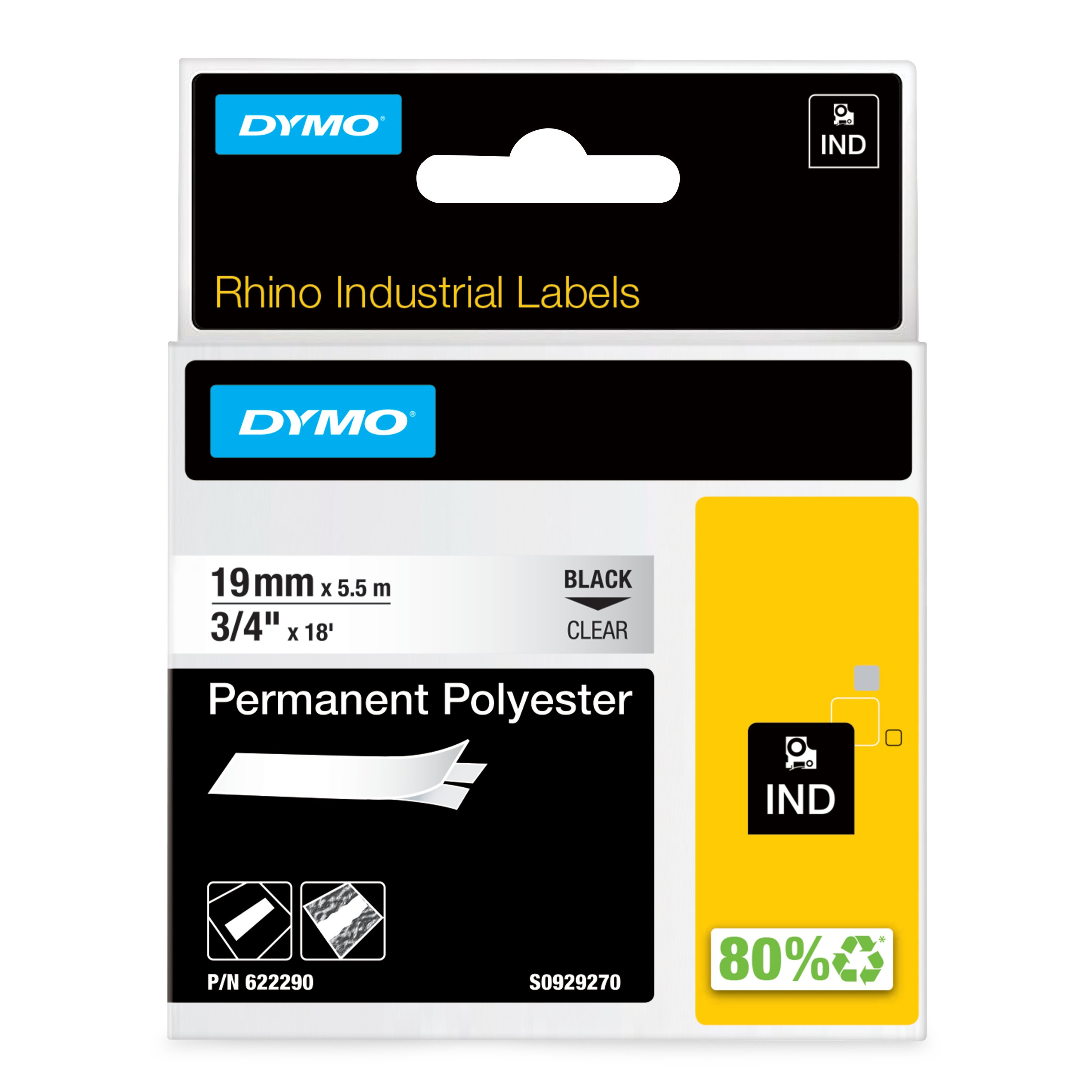 DYMO Schriftband RHINO 622290, 19 mm, schwarz auf transparent, 1 St.