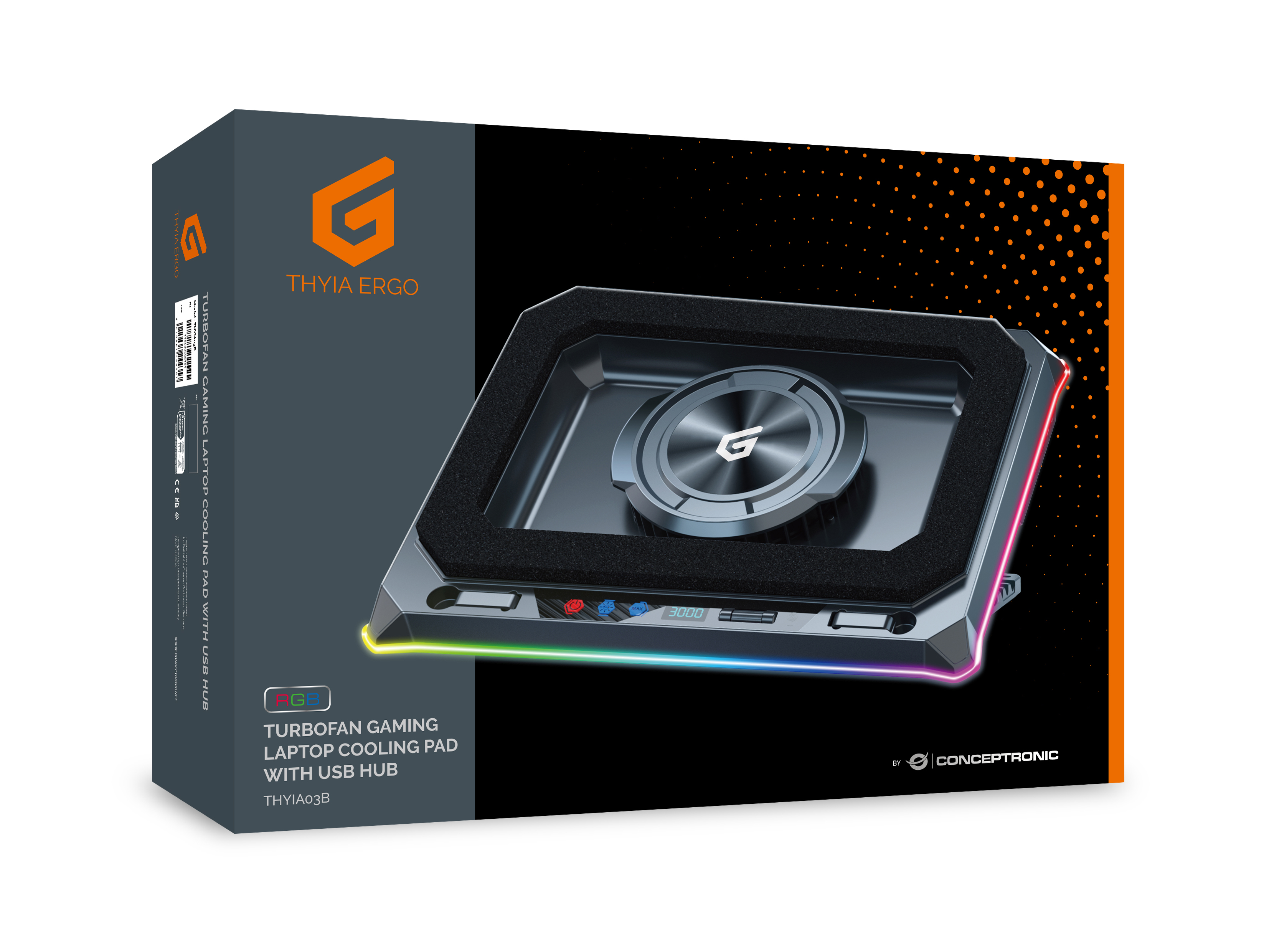 CONCEPTRONIC USB-C Laptop-Kühlpad + Handyhalter, RGB, 12V