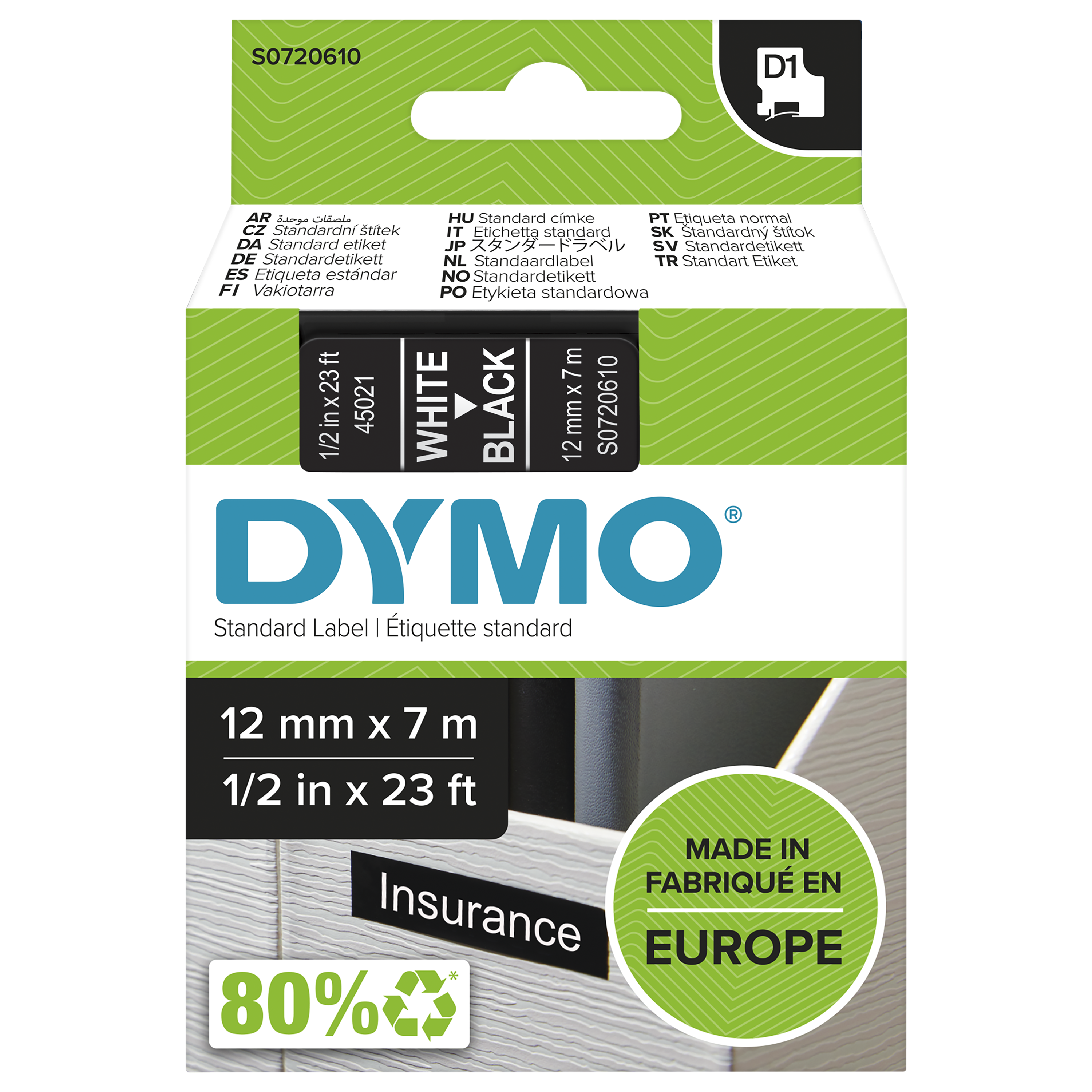 DYMO D1 Schriftband 45021 12mmx7.0m weiß ->schwarz