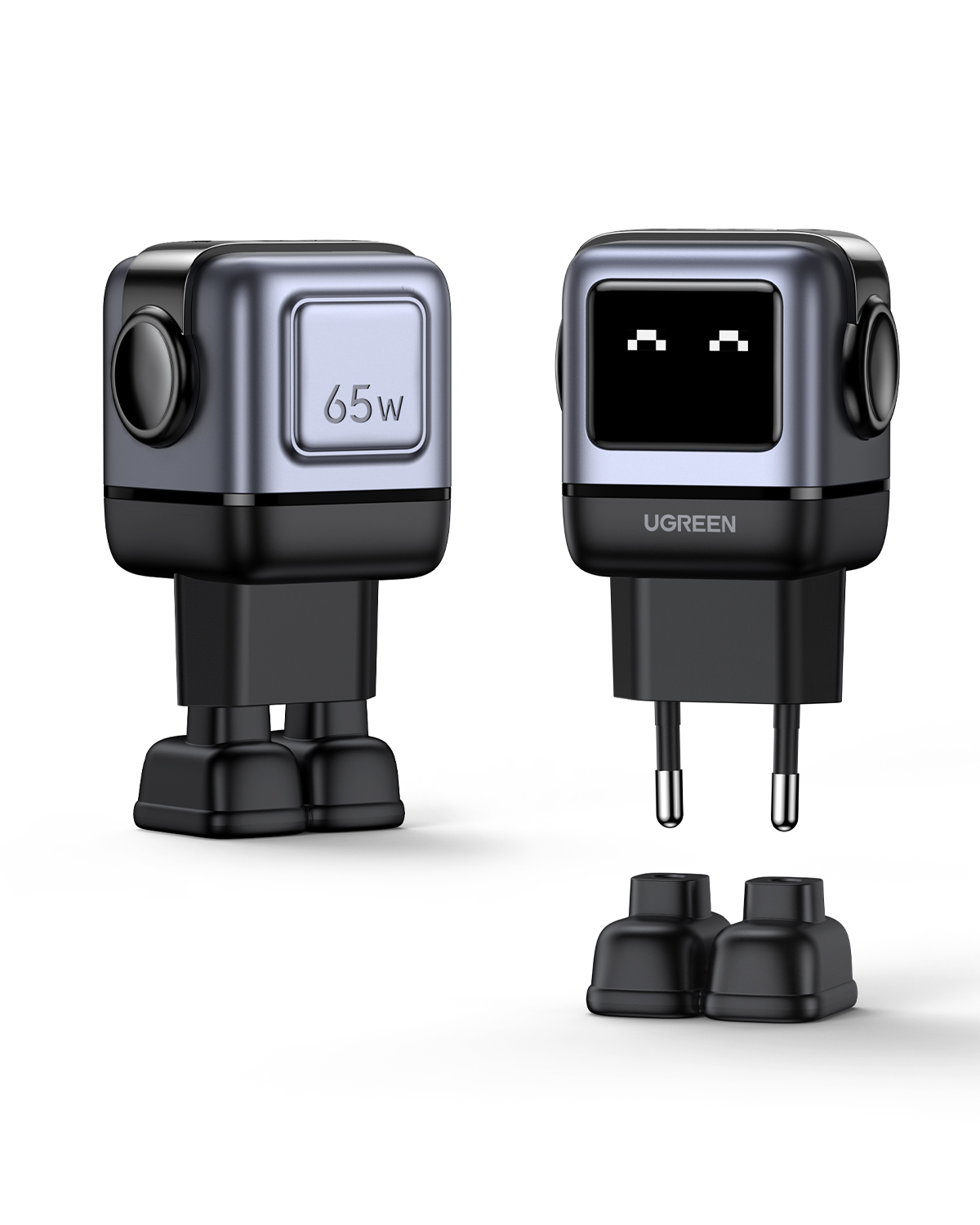 UGREEN Uno CD361 GaN Fast Charger 65W Ladegerät 2x USB-C 1x USB-A Smart-Display Robot Design schwarz