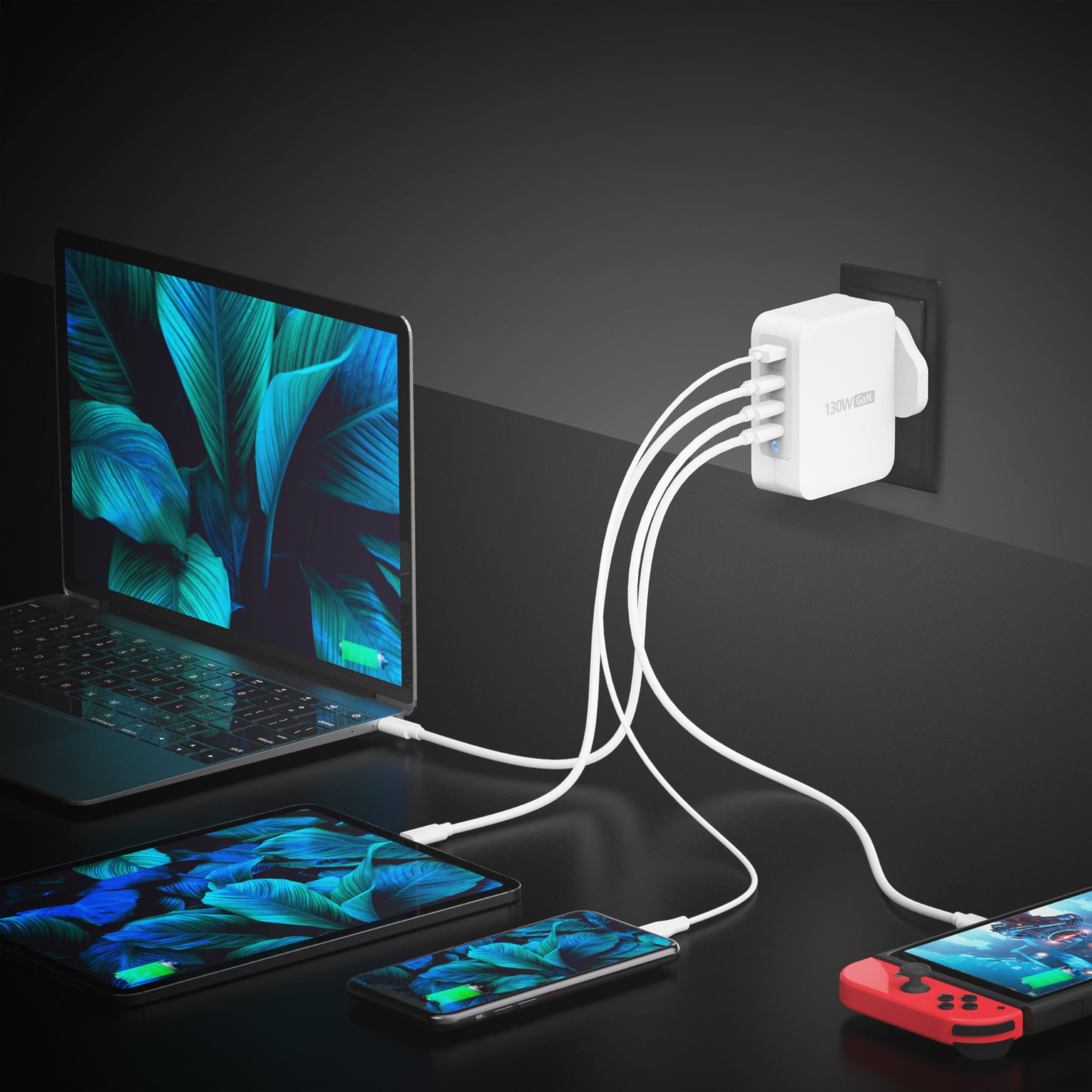 130W GAN USB-C 4-PORT CHARGER - UK WHITE GREY