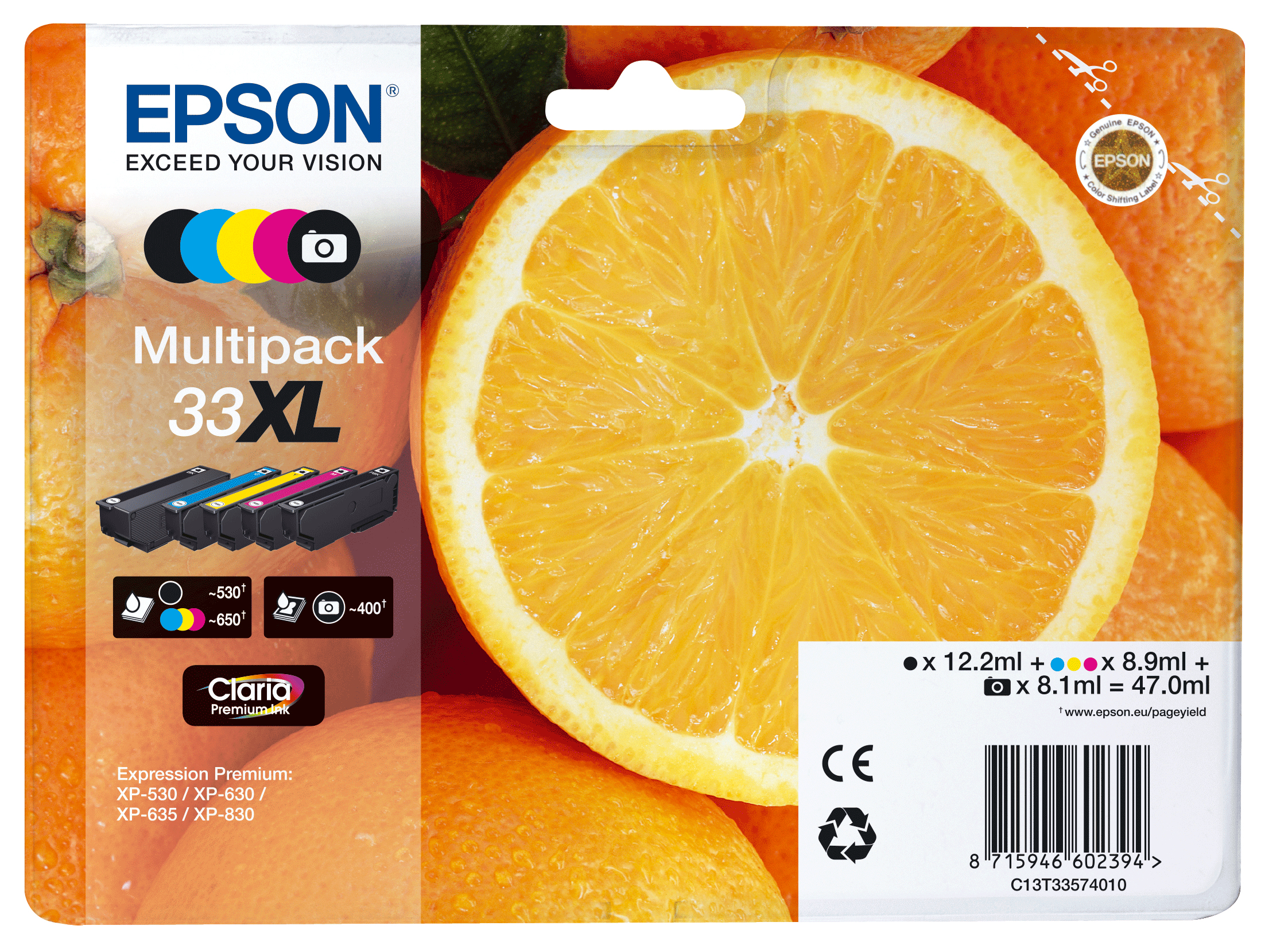 EPSON 33XL / T3357XL (Orangen) schwarz, cyan, magenta, gelb, Foto schwarz Druckerpatronen, 5er-Set