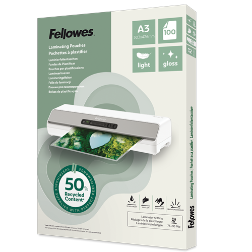 Fellowes Laminierfolien mit 50% recyceltem Anteil glänzend für A3 75-80 micron, 100 St.