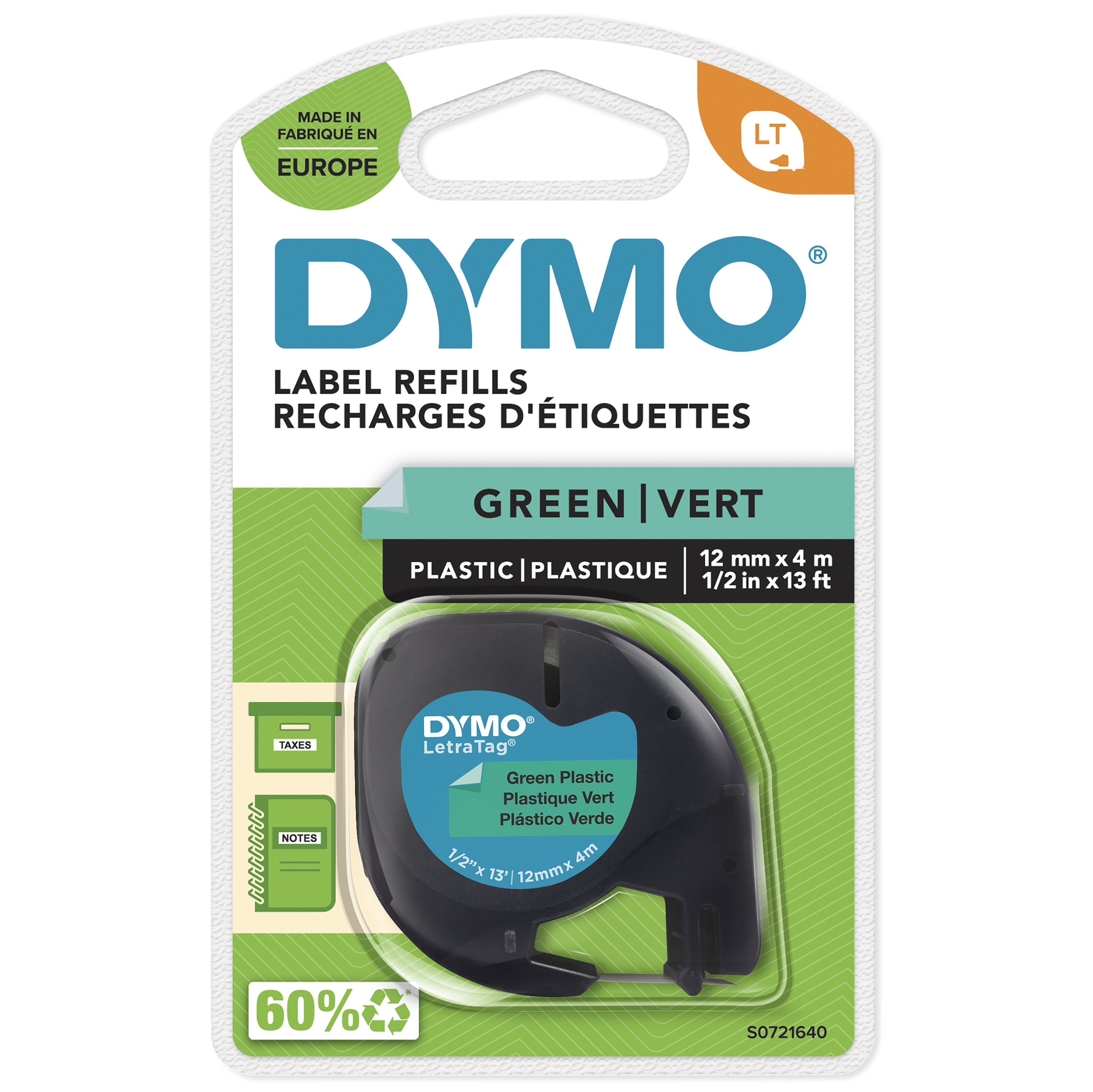 DYMO Schriftband LetraTag 91224 S0721640, 12 mm, schwarz auf grün, 1 St.