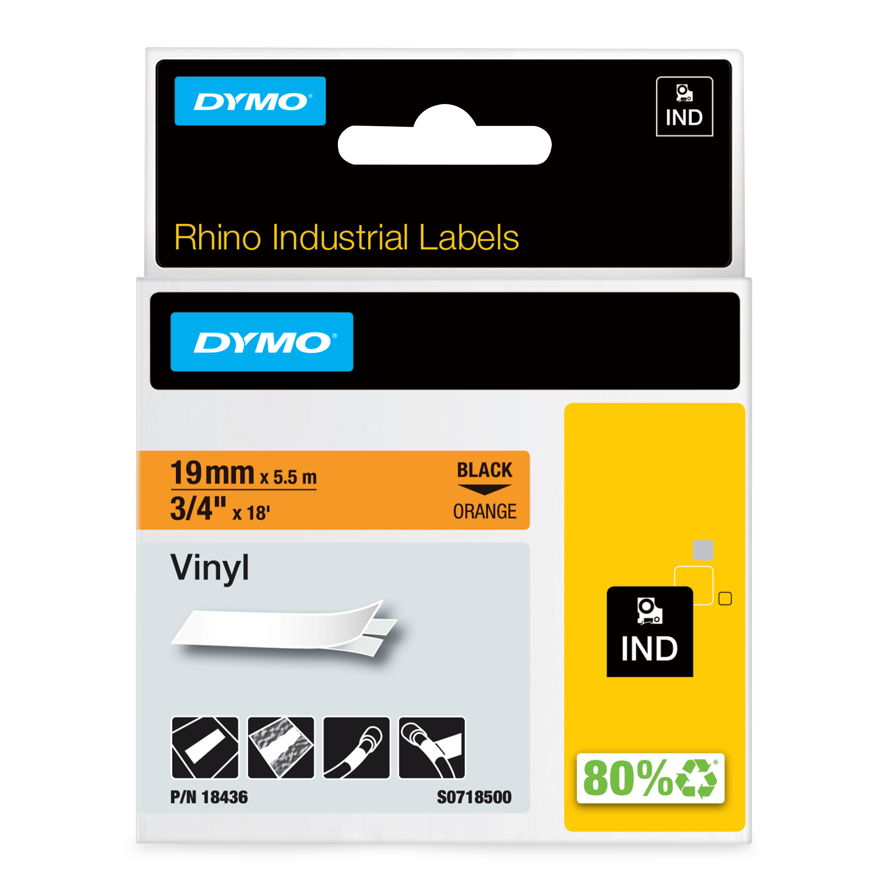 DYMO Schriftband RHINO 18436, 19 mm, schwarz auf orange, 1 St.