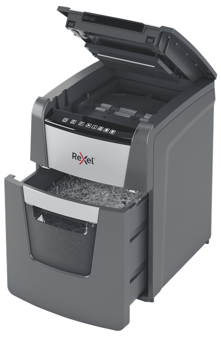 Rexel Optimum AutoFeed+100X Aktenvernichter mit Partikelschnitt P-4, 4 x 28 mm, bis 100 Blatt, schwarz