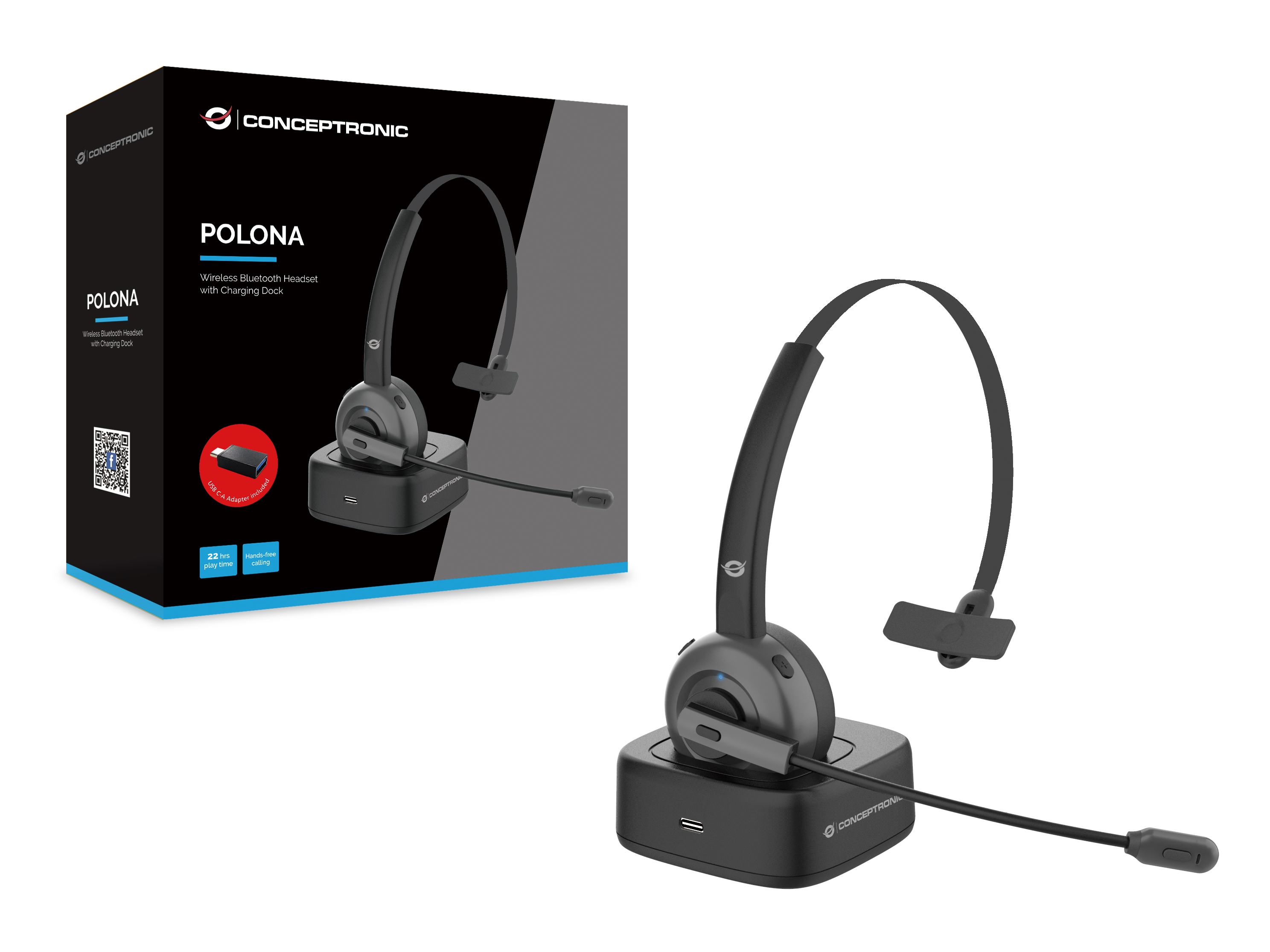 CONCEPTRONIC Headset Mono WLS BT5.0/Mikro/ANC/Dock 22Std sw