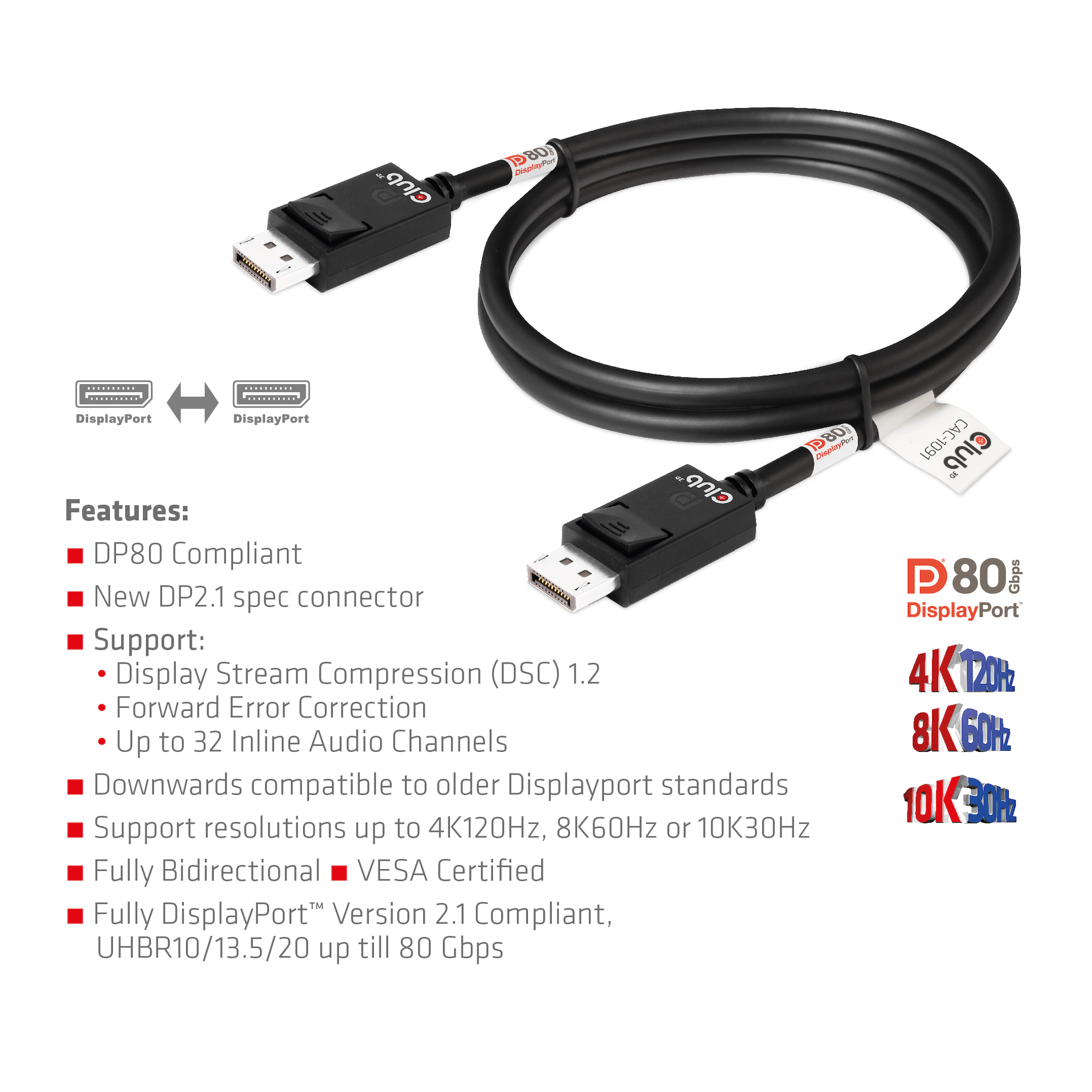 Club3D DP-Kabel 2.1 DP80 zertifiziert 1,2m 10K/8K/4K St/St retail