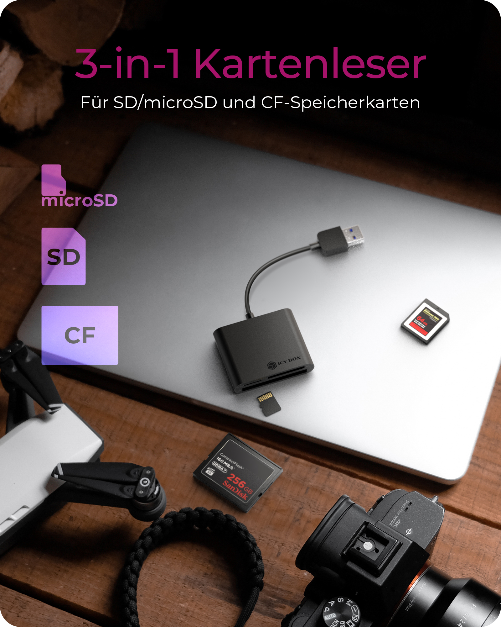 MultiReader IcyBox 3xCard CF,SD,microSD IB-CR301-U3 retail