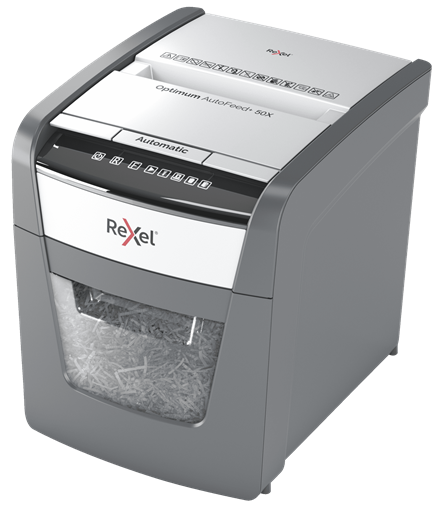 Rexel Optimum AutoFeed+ 50X Aktenvernichter mit Partikelschnitt P-4, 4 x 28 mm, bis 50 Blatt, schwarz