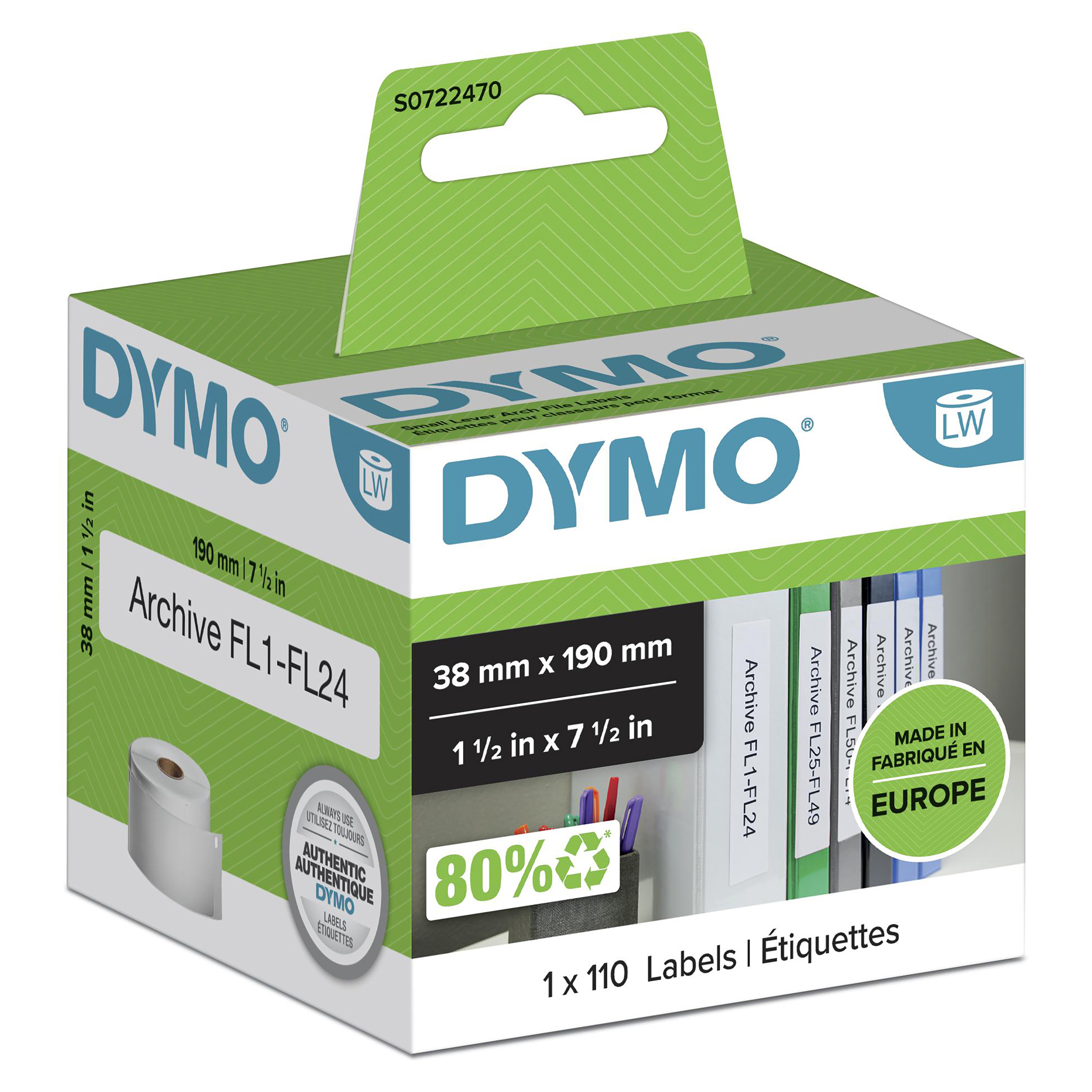 DYMO Etikettenrolle für Etikettendrucker S0722470 weiß, 38,0 x 190,0 mm, 1 x 110 Etiketten