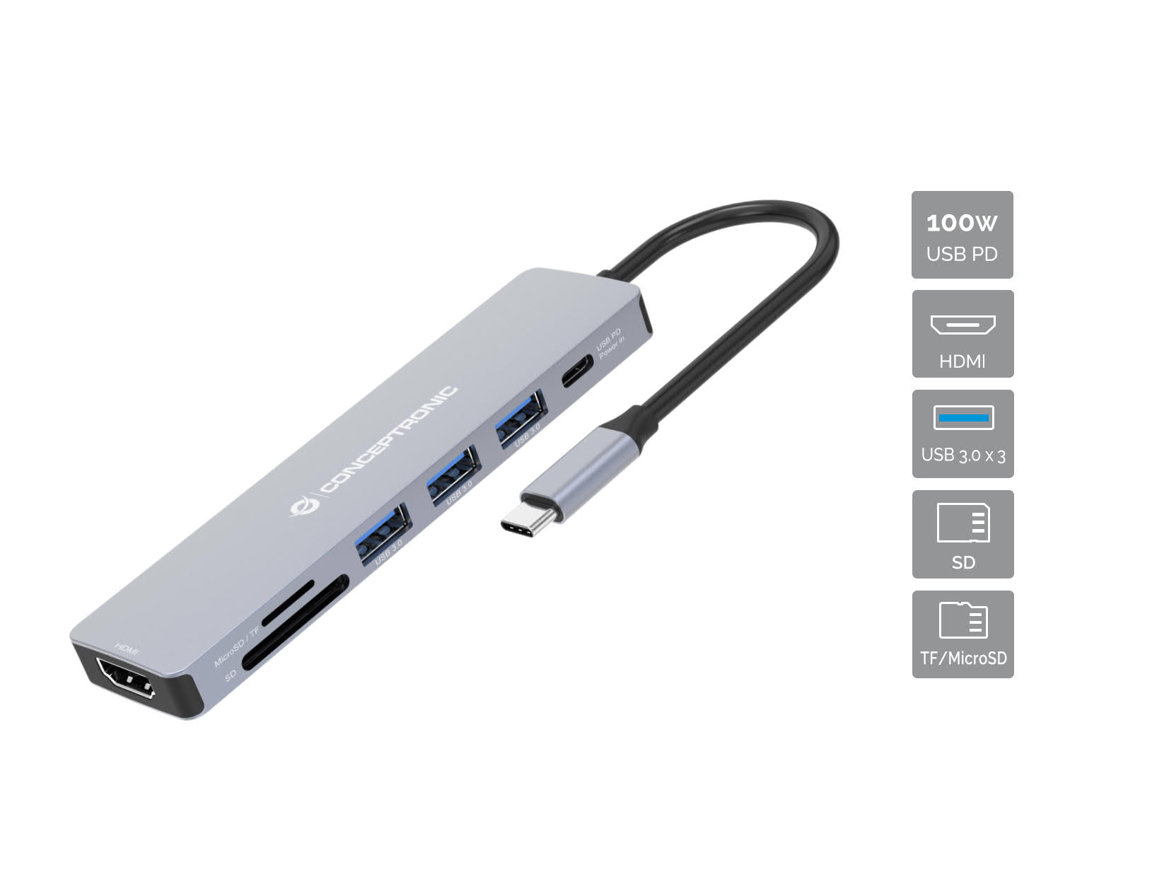 CONCEPTRONIC 7-1 Dock USB-C->HDMI/3xUSB-A/SD/TF/+ 25cm gr