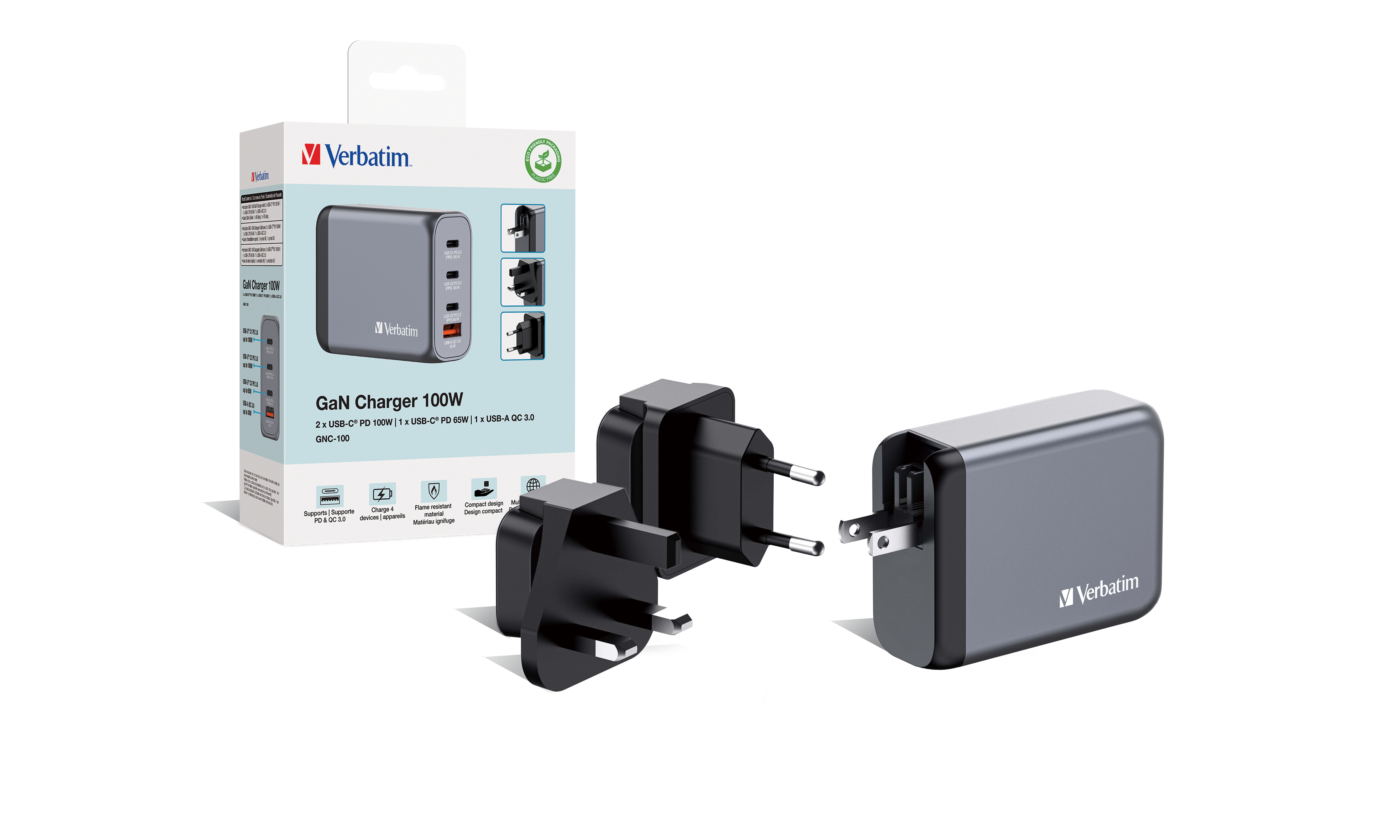 Verbatim GNC-100 GaN Charg. 100W 3xUSB-C PD, 1xUSB-A QC 3.0 32202
