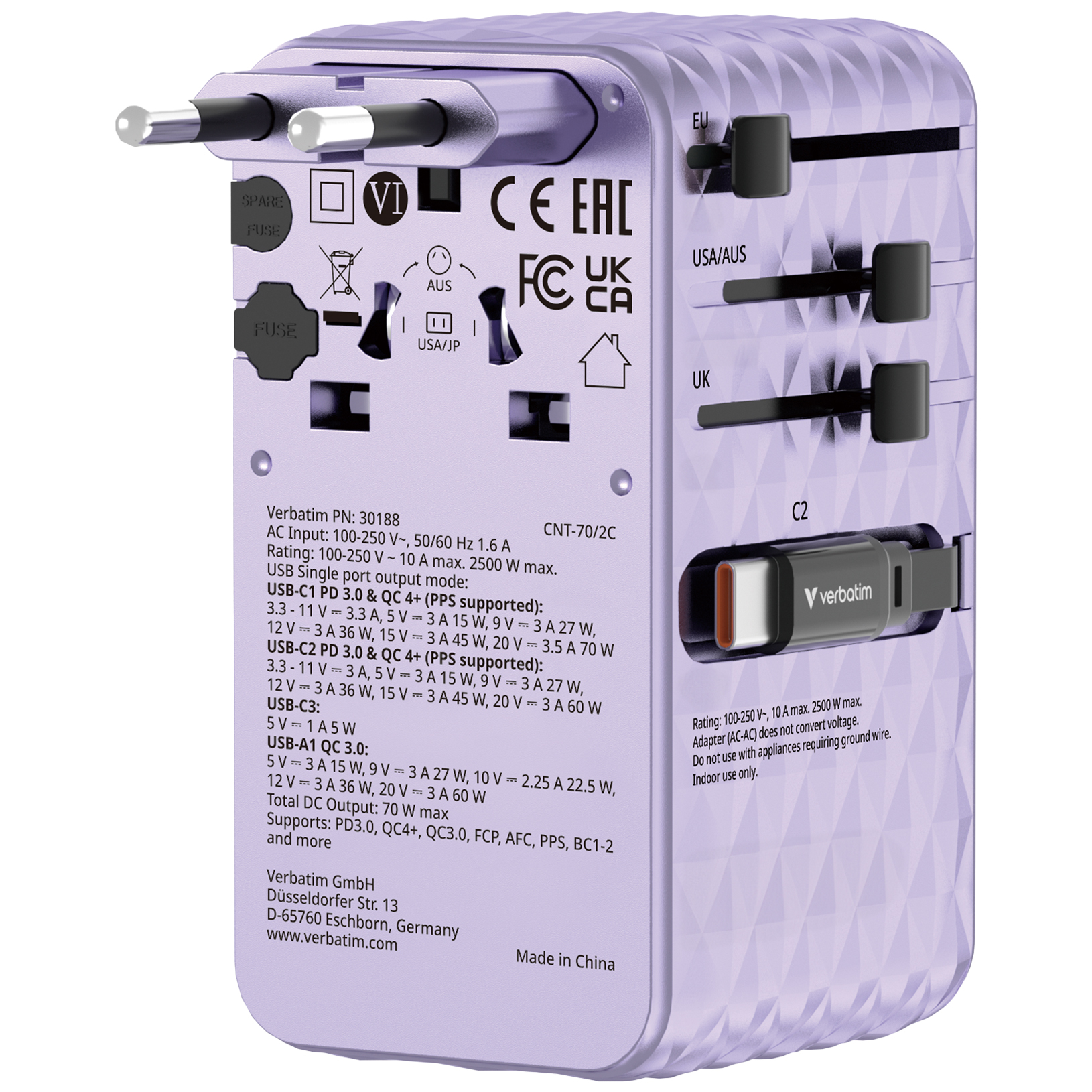Verbatim Charge'n'Travel Adapter 70W 2C retractable purple