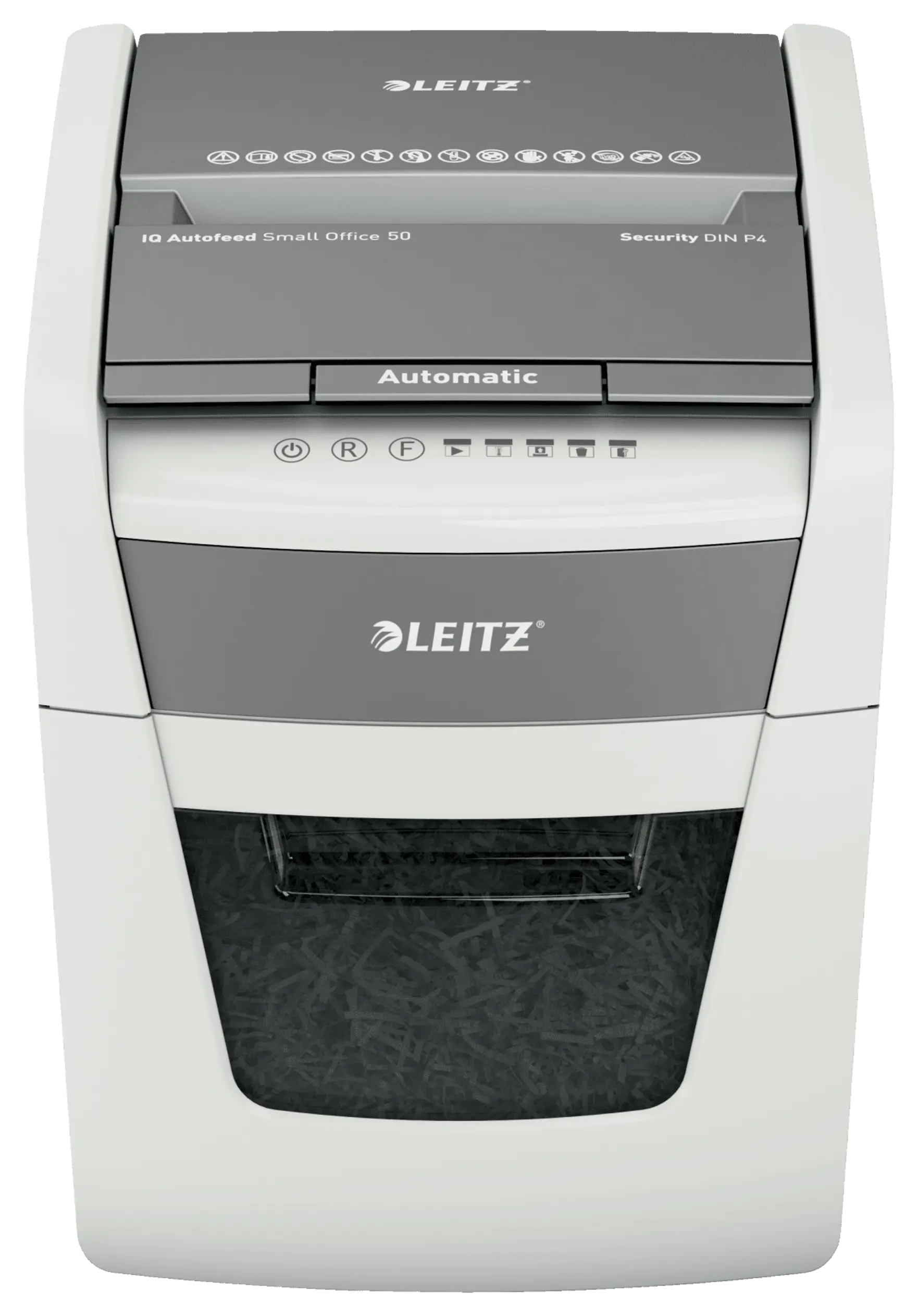 LEITZ IQ Autofeed Small Office 50 Aktenvernichter mit Partikelschnitt P-4, 4 x 28 mm, bis 50 Blatt, weiß
