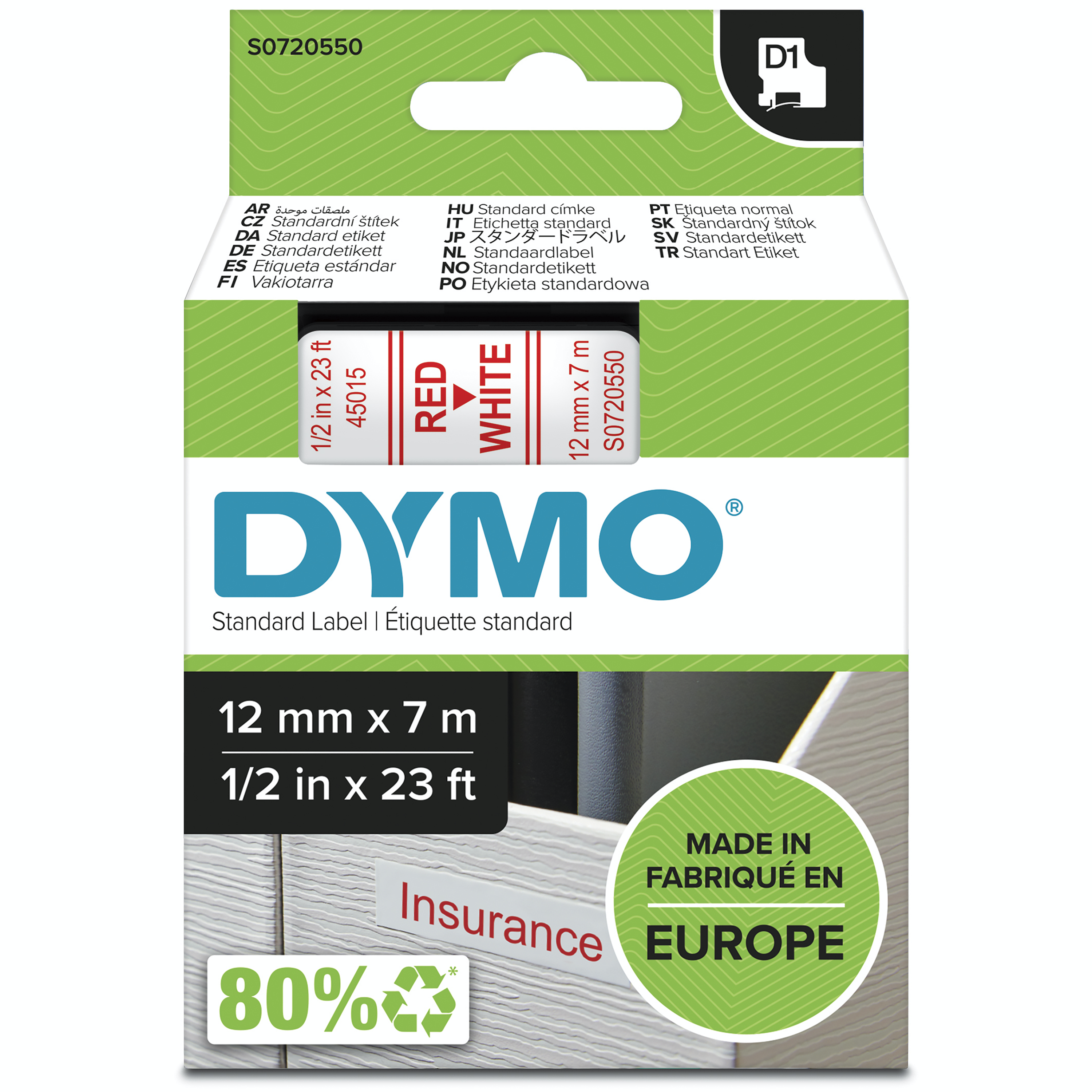 DYMO D1 Schriftband 45015 12mmx7.0m rot ->weiß
