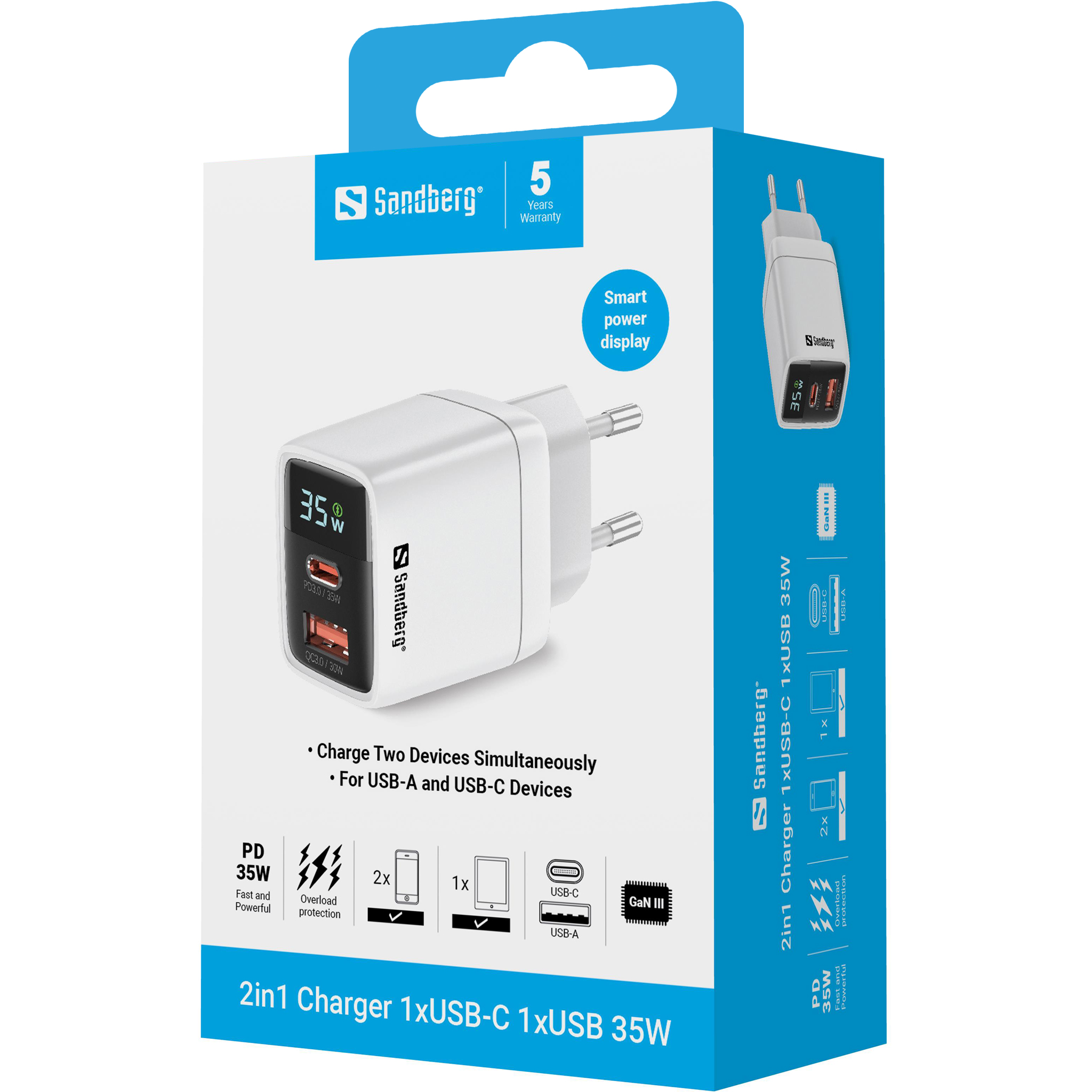 SANDBERG 2in1 Charger 1xUSB-C 1xUSB 35W