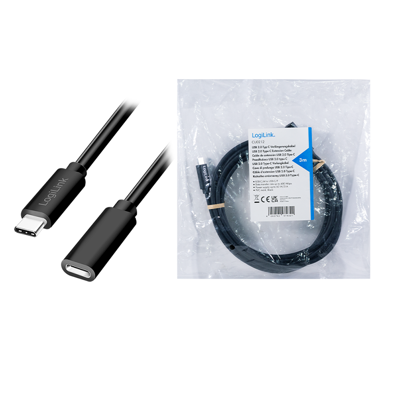 Logilink USB 2.0 Typ-C Kabel C/M > USB-C/F, PD, schwarz 1m