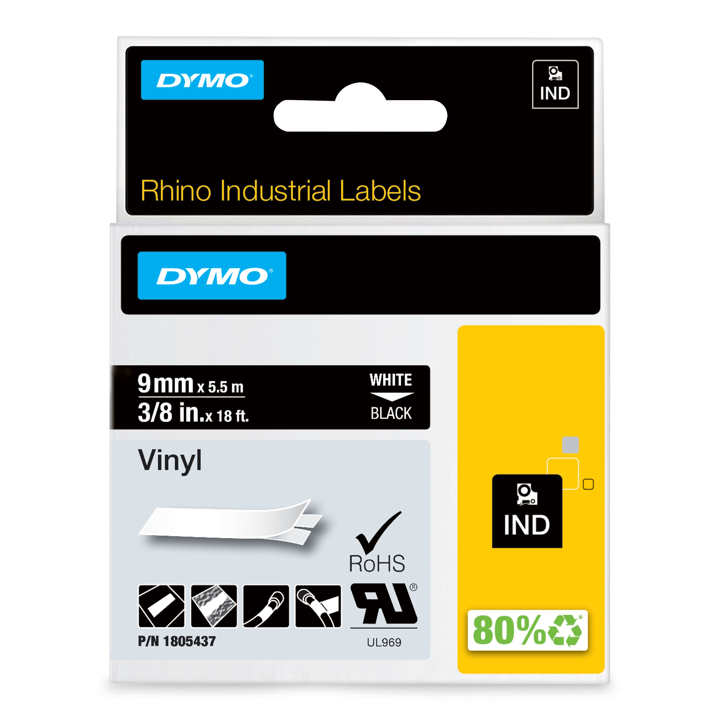 DYMO Rhino Band Vinyl 9mmx5.5m weiß ->schwarz