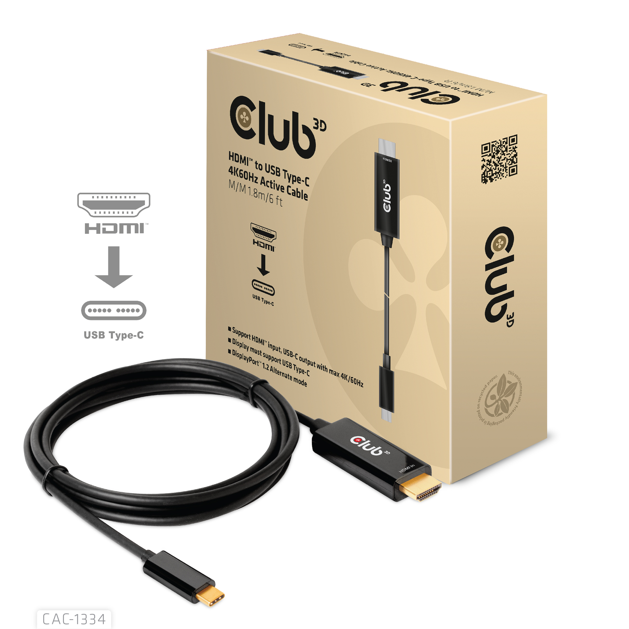 Club3D HDMI-Kabel A -> USB-C aktiv 4K60Hz 1,8m retail