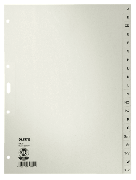 LEITZ Ordnerregister DIN A4+ Vollformat A-Z grau 20-teilig, 1 Satz