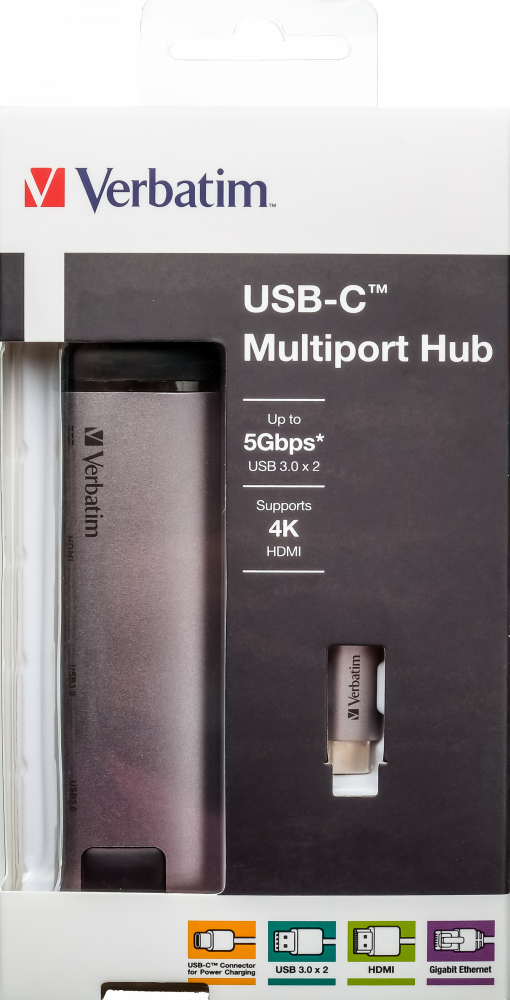 USB 3.2 Gen 1 Multiport-Hub, USB-C Stecker > 2x USB-A + USB-C Buchse + HDMI-Buchse + RJ-45 Buchse, USB-Hub