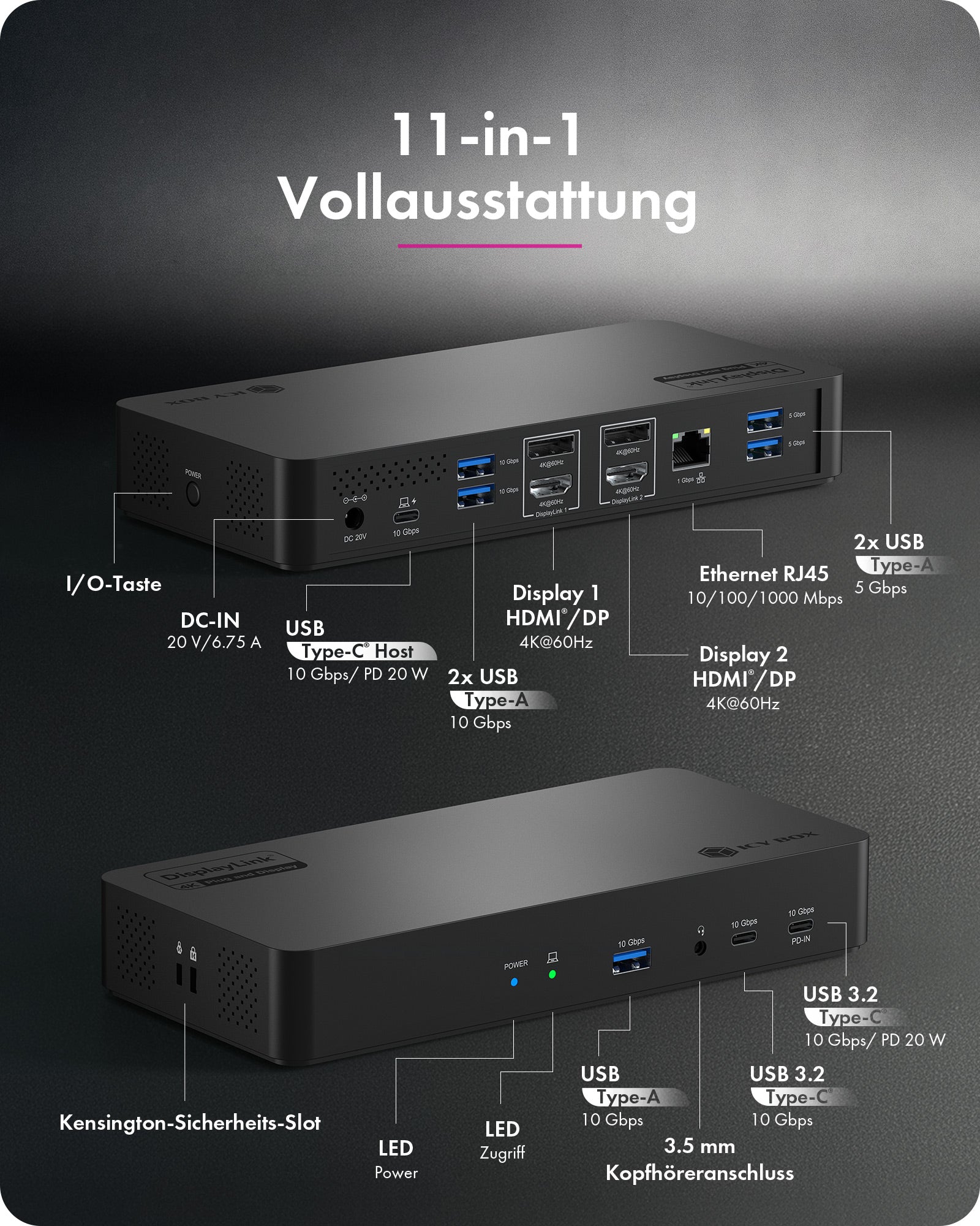 Dockingstation IcyBox Heart Dock 2255 zwei 4K@60Hz Displays