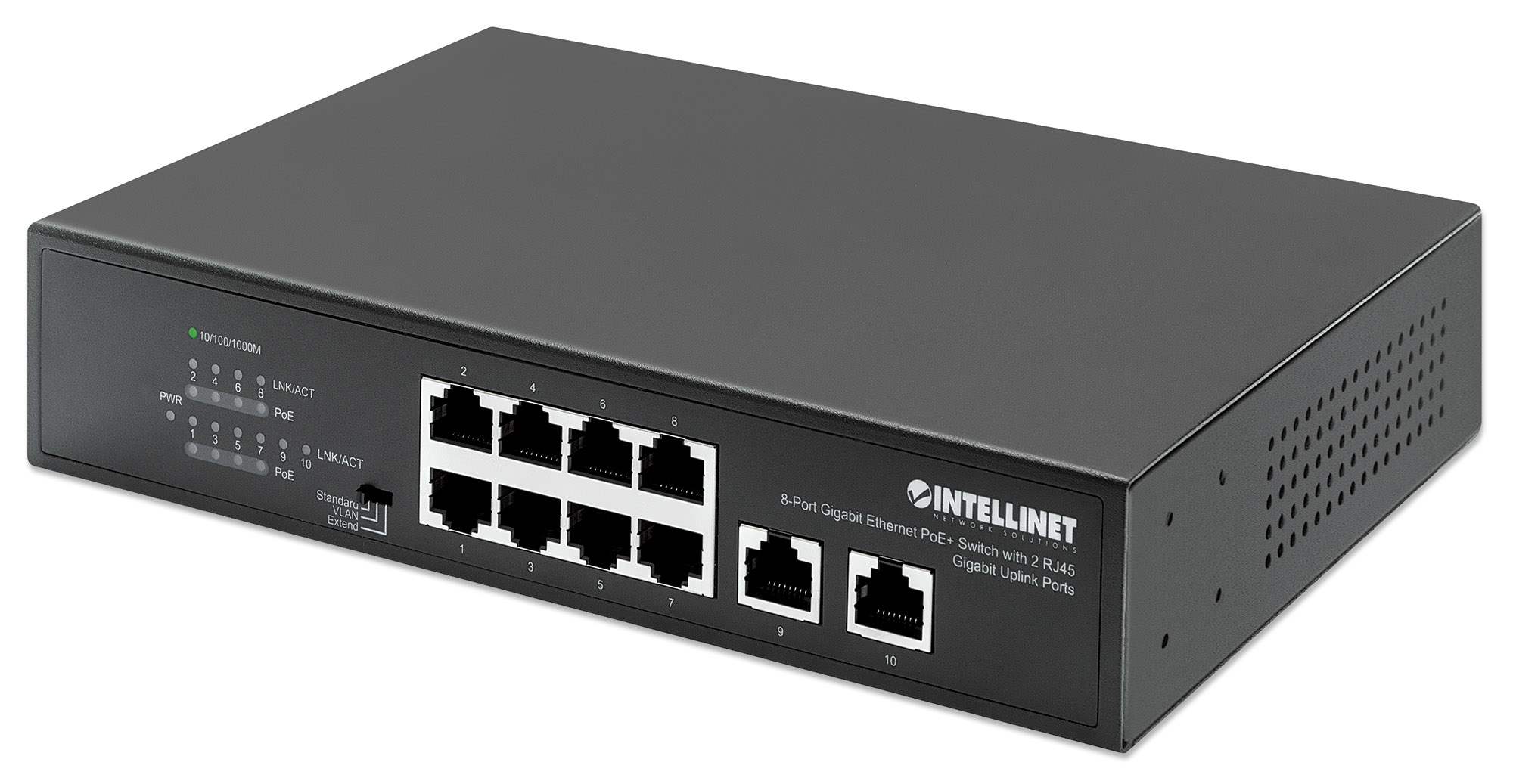 INTELLINET 8-Port Gigabit Ethernet PoE+ Switch mit 2 RJ45 Gigabit Uplink-Ports IEEE 802.3at/af PoE+/PoE-konform 120W Endspan Desktop