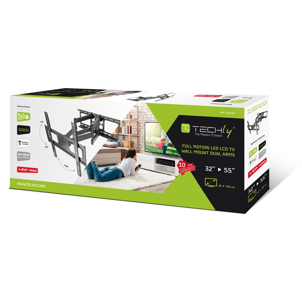 TECHLY Wandhalterung fuer LCD TV 81-139cm 32-55Zoll schwarz neigbar 5-12Grad VESA 600x400 Traglast bis 70Kg