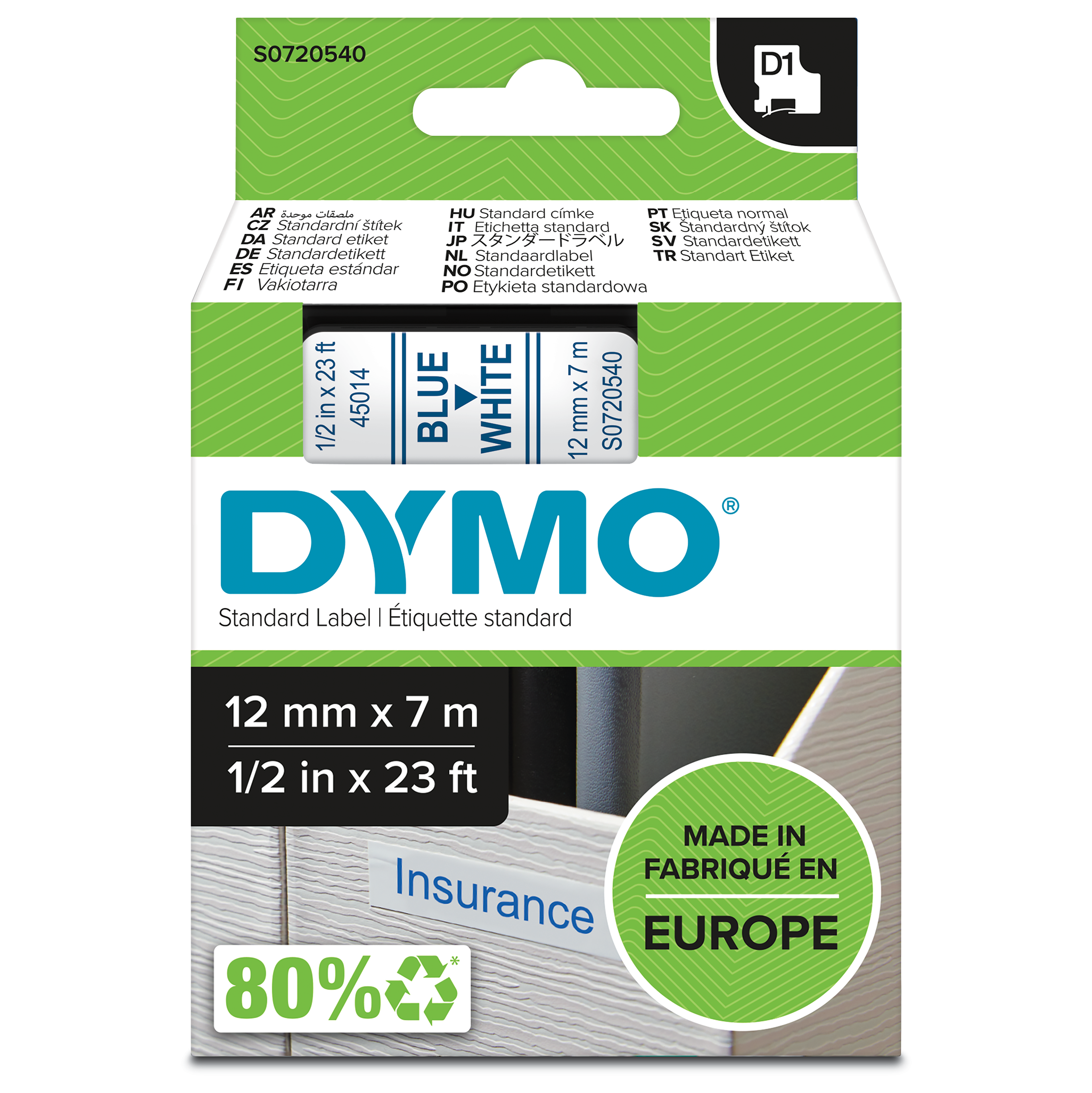 DYMO D1 Schriftband 45014 12mmx7.0m blau ->weiß