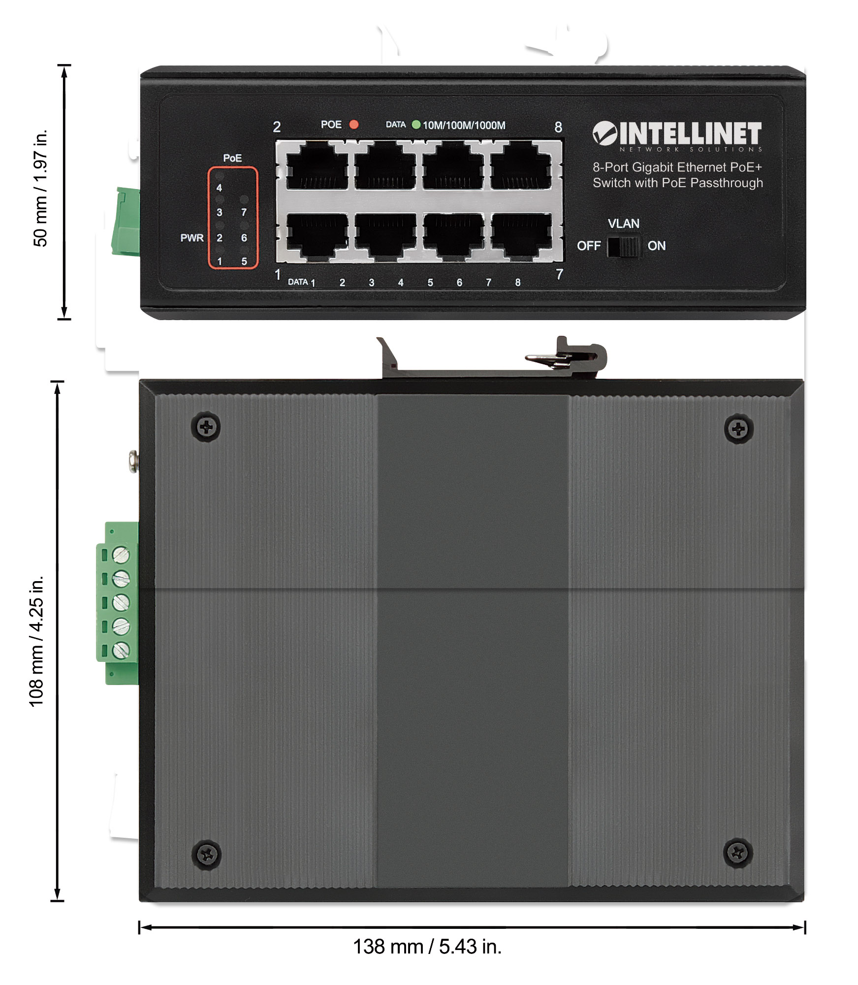 INTELLINET 8-Port PoE+ Gb Switch PoE-Passthrough 1xPD PoE 95W Eingangsstrom 7x PSE PoE Strombudget bis 120W DIN-Hutschienenmontage