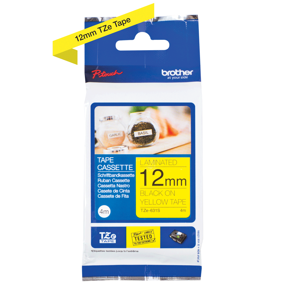 TZE-631S LAMINATED TAPE 12 MM BLACK ON YELLOW