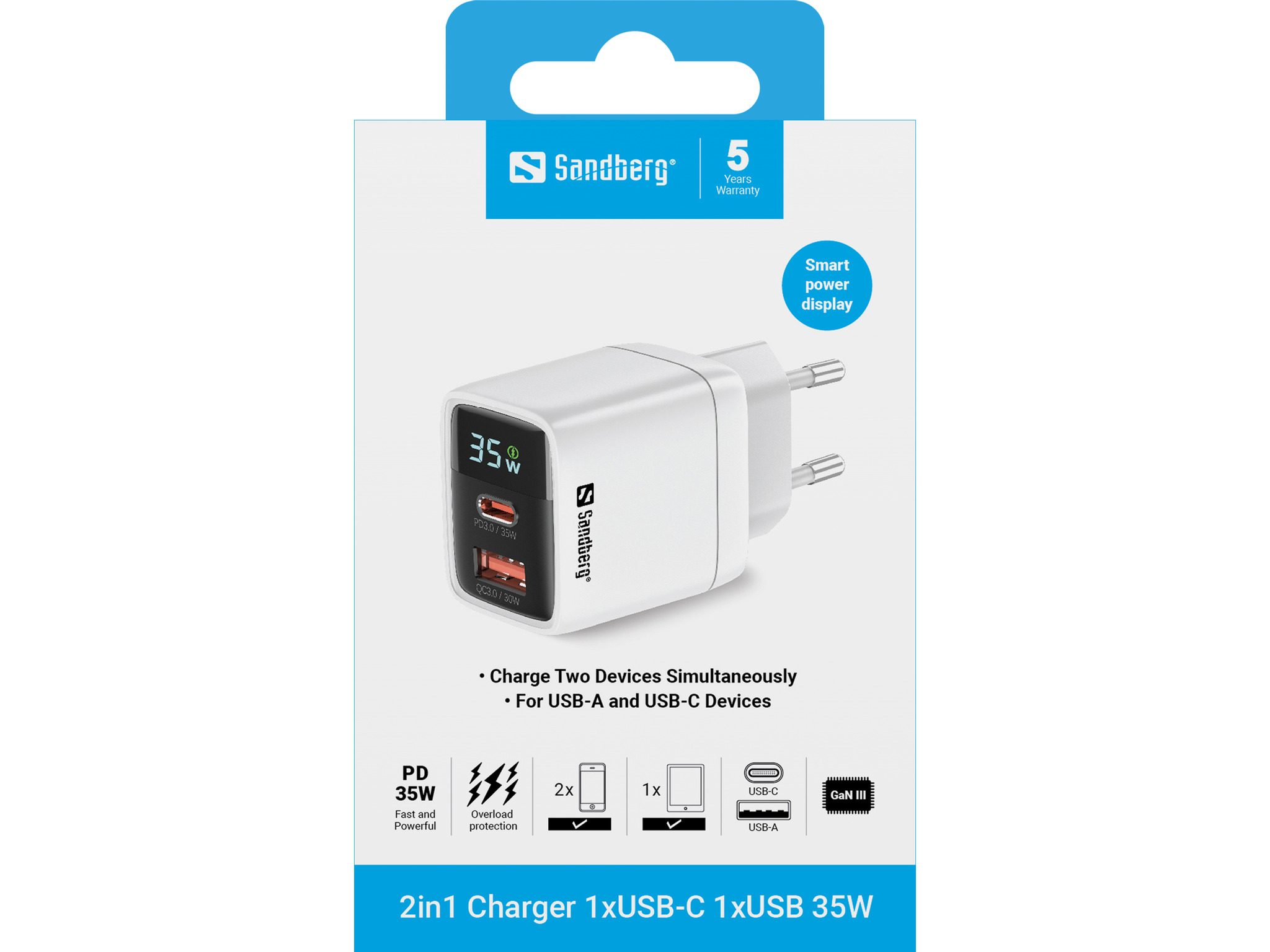 SANDBERG 2in1 Charger 1xUSB-C 1xUSB 35W