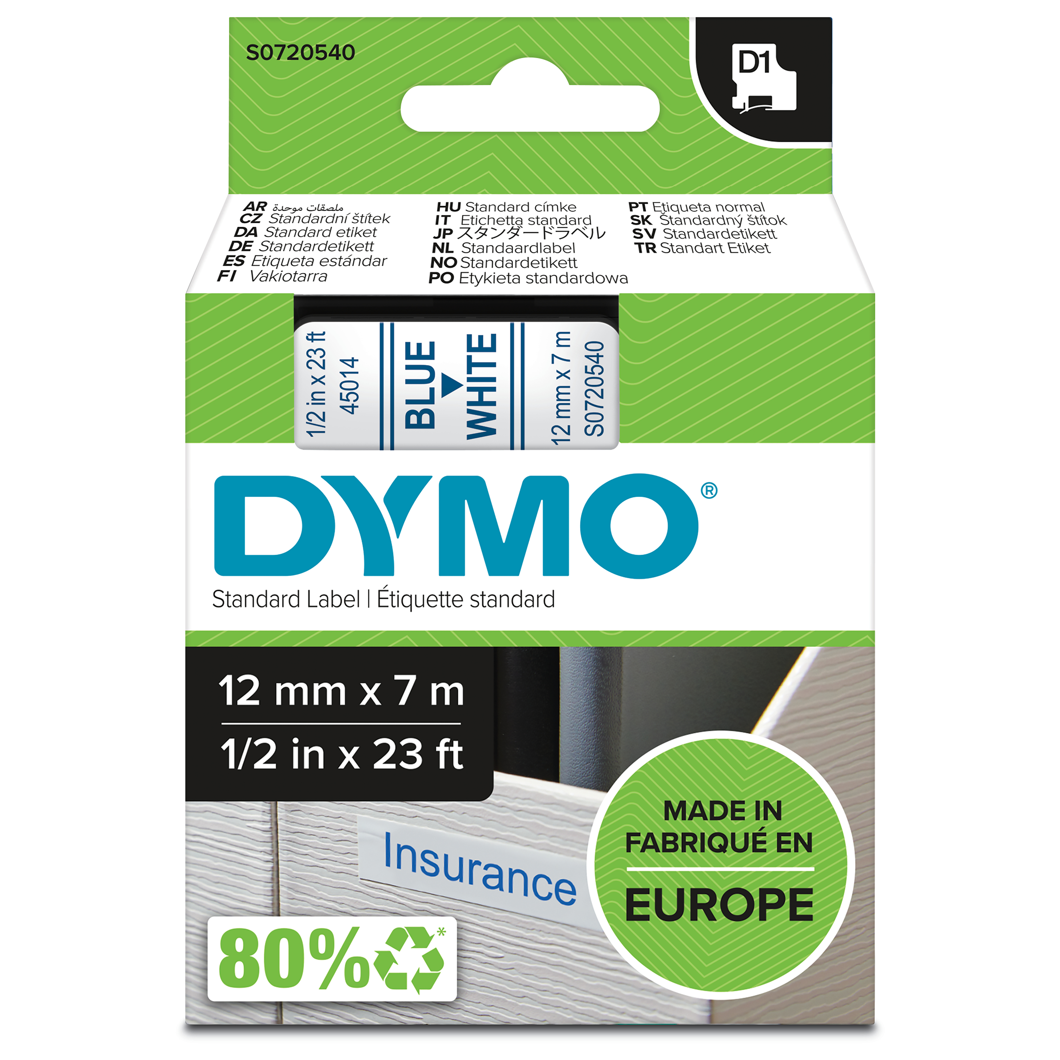 DYMO D1 Schriftband 45014 12mmx7.0m blau ->weiß