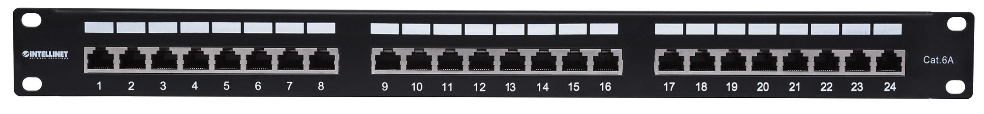 INTELLINET 24-Port Cat6a Patchpanel geschirmt 24 Ports FTP 1 HE Klemmleisten mit 90 Grad abgewinkelten Kabeleinfuehrungen schwarz
