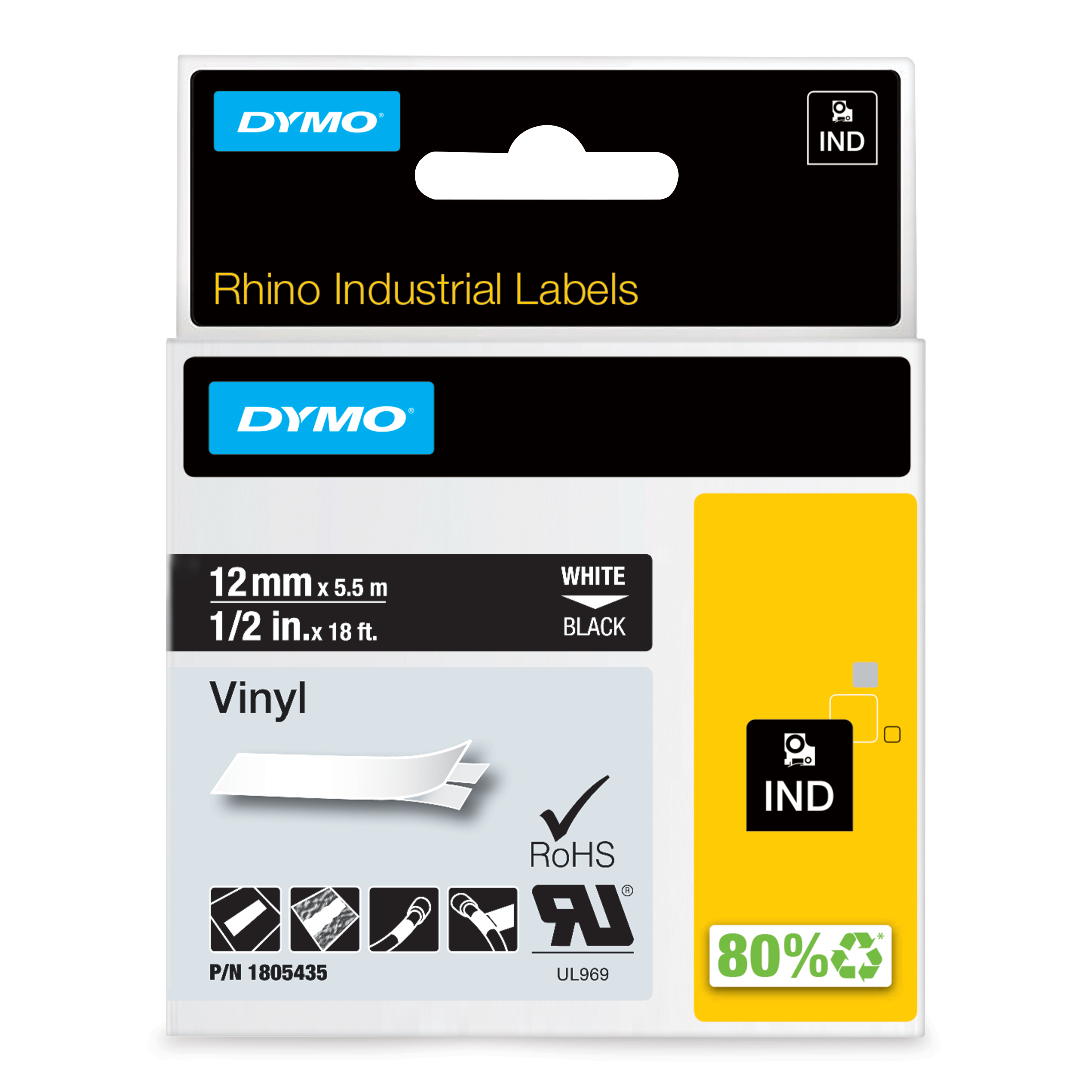 DYMO Rhino Band Vinyl 12mmx5.5m weiß ->schwarz